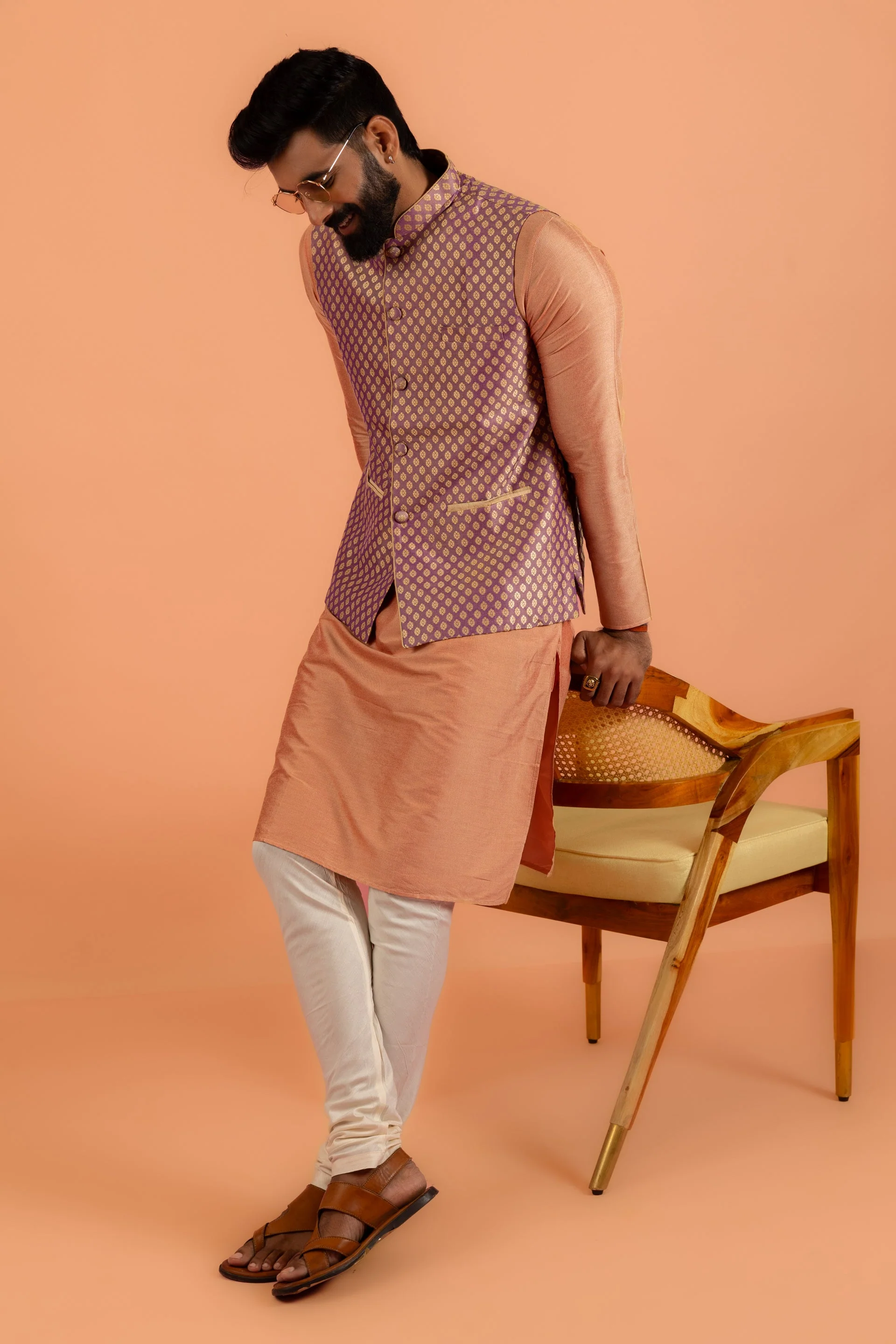 Men Mauve Textured Kurta Jacket Churidar Set - Image 10