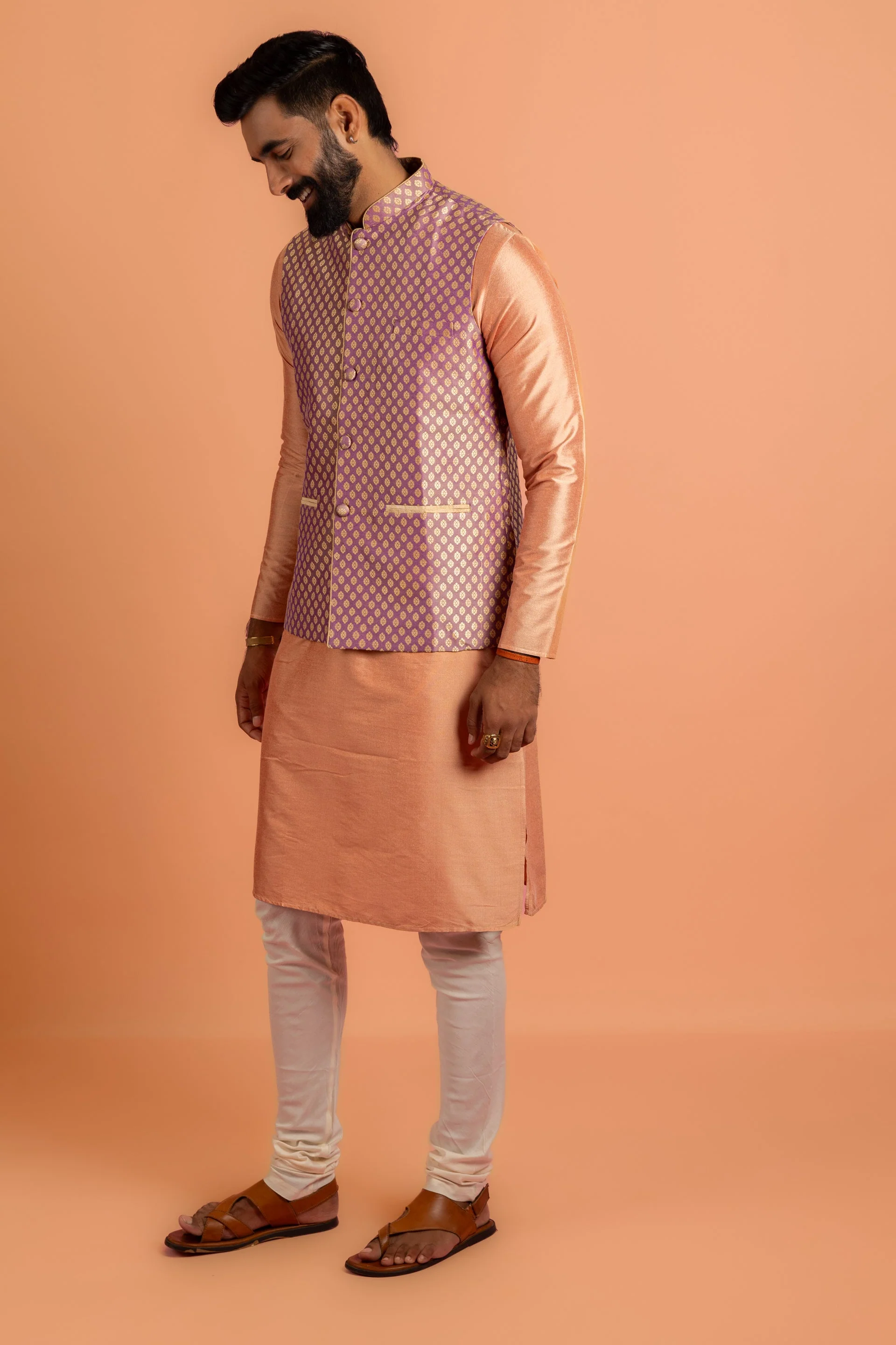 Men Mauve Textured Kurta Jacket Churidar Set - Image 11