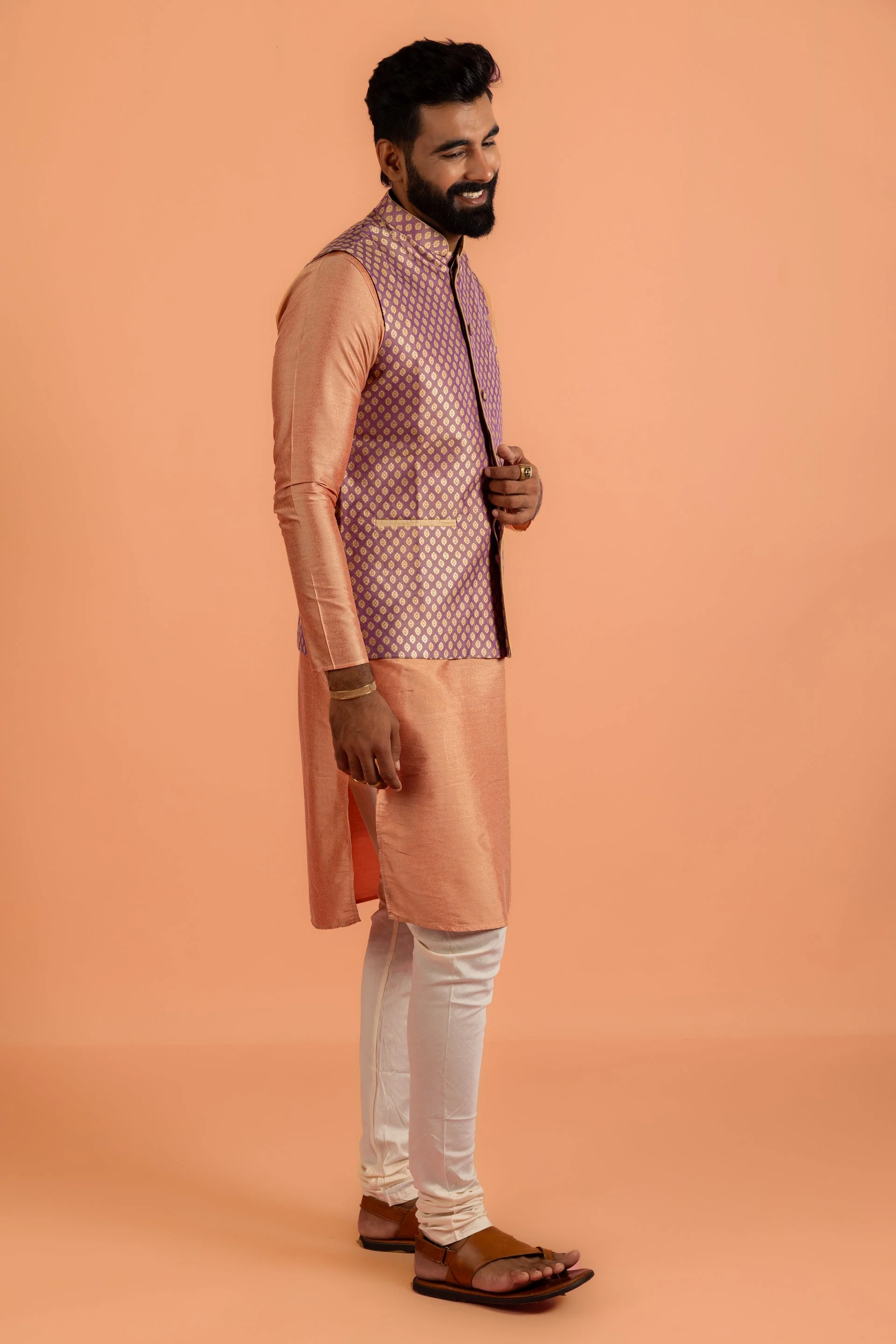 Men Mauve Textured Kurta Jacket Churidar Set - Image 12