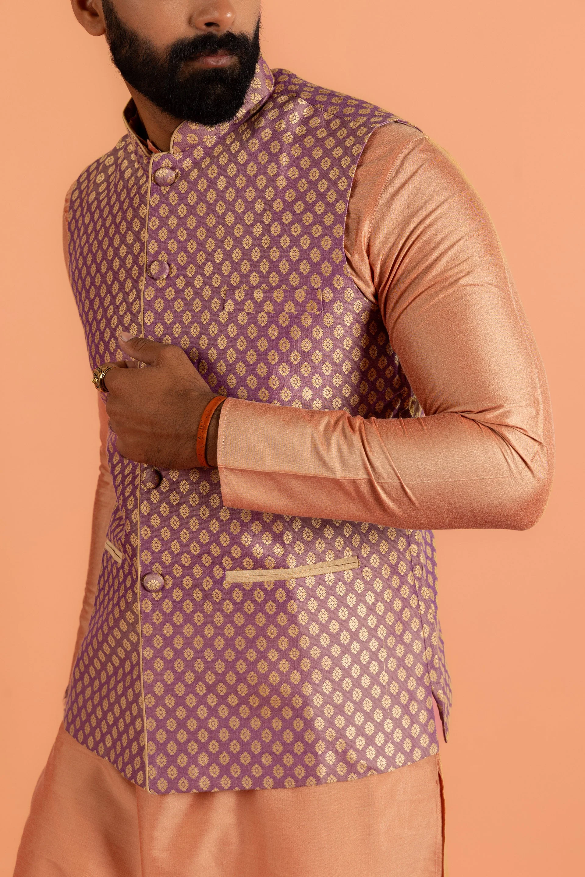 Men Mauve Textured Kurta Jacket Churidar Set - Image 14