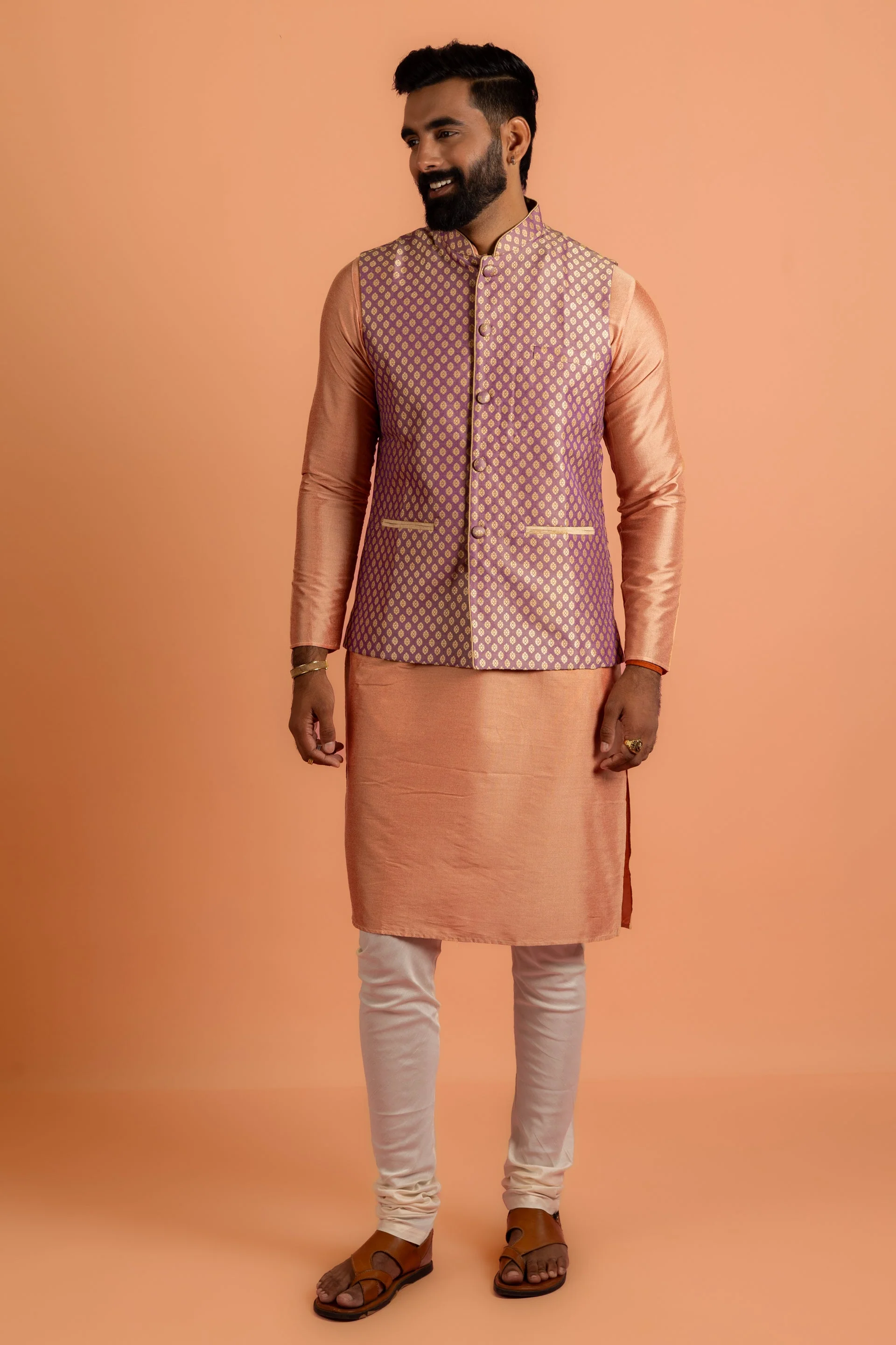 Men Mauve Textured Kurta Jacket Churidar Set - Image 18