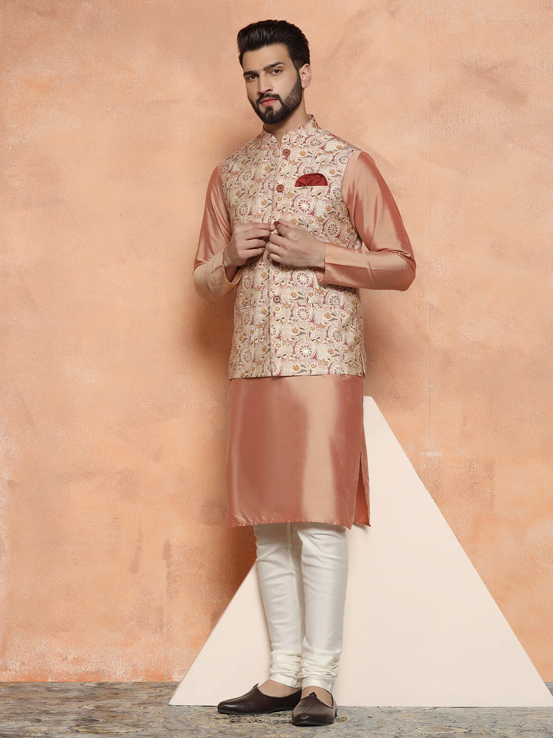 Pink Silk Blend Embroidered Jacket Set with Kurta & Churidar - Image 8