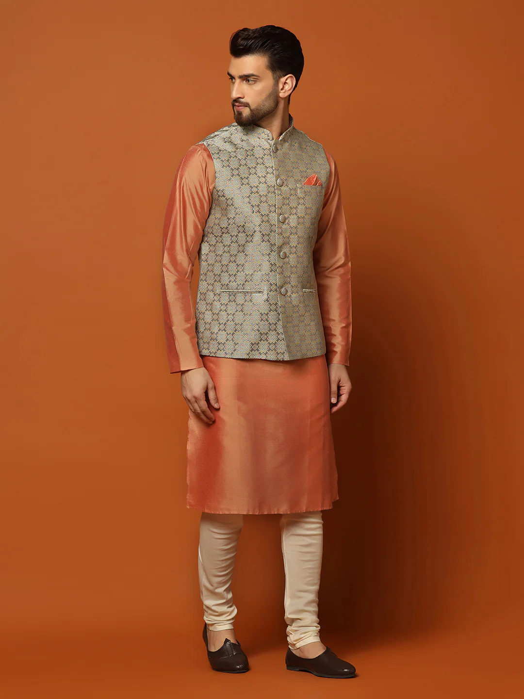 Peach Silk Blend Textured Nehru Jacket Kurta Churidar - Image 2
