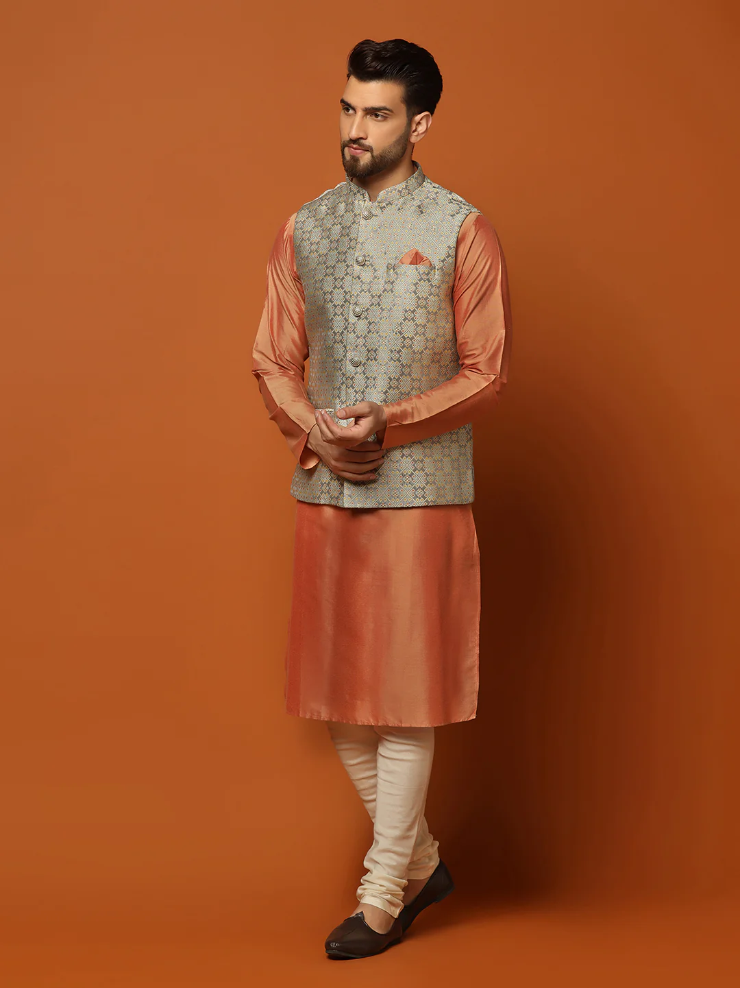 Peach Silk Blend Textured Nehru Jacket Kurta Churidar - Image 3