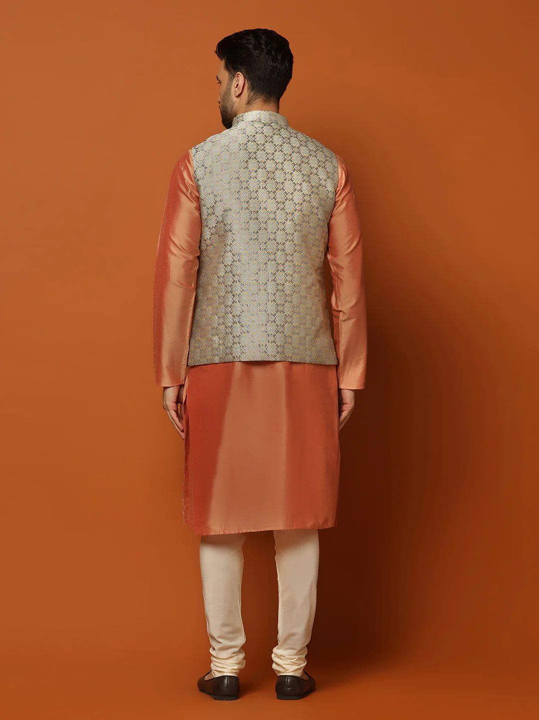 Peach Silk Blend Textured Nehru Jacket Kurta Churidar - Image 4