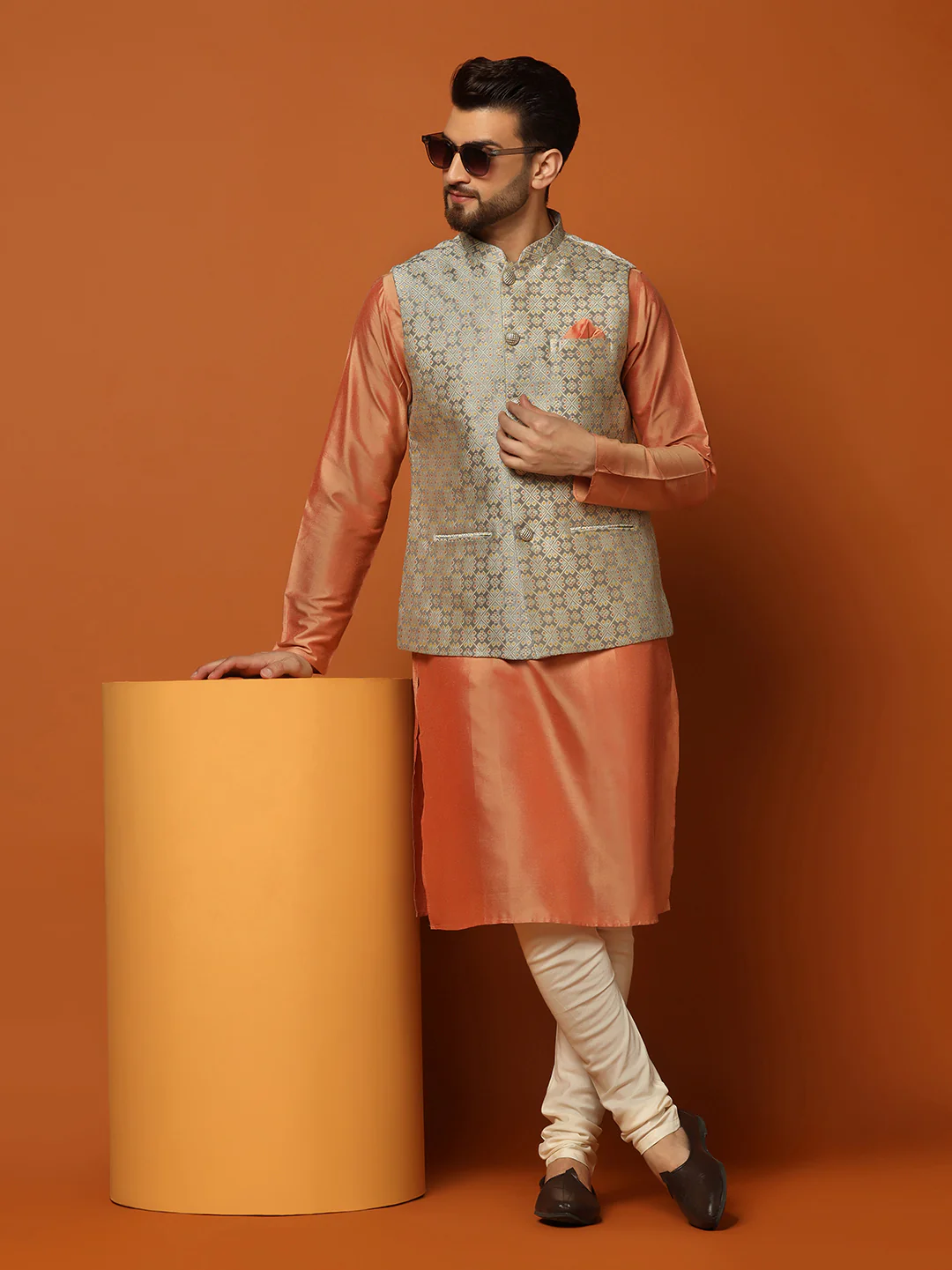 Peach Silk Blend Textured Nehru Jacket Kurta Churidar - Image 8