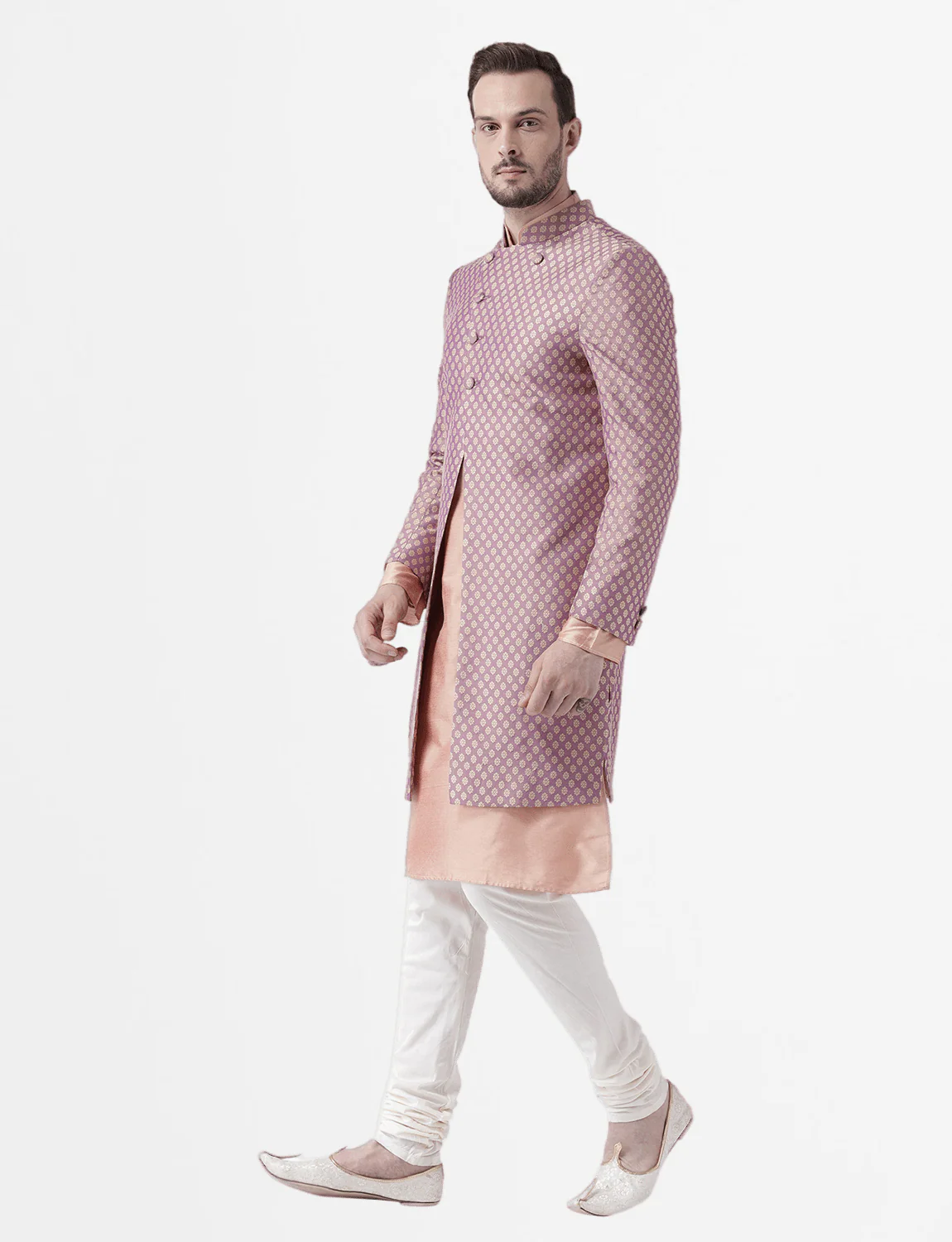 Men's Peach Indowestern Set With Kurta and Churidar - Image 3