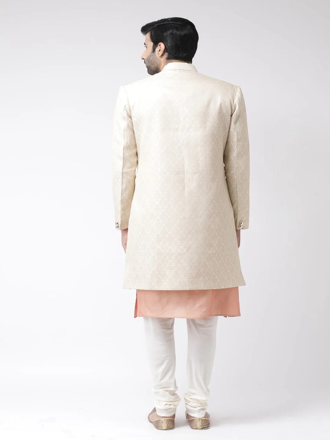 Men Beige Textured Kurta Indowestern Churidar Set - Image 3