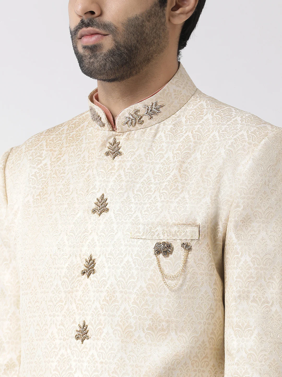 Men Beige Textured Kurta Indowestern Churidar Set - Image 4