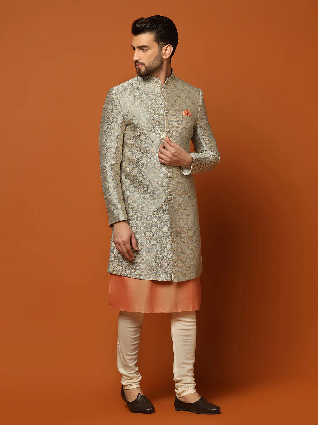 Men's Grey Indowestern Set With Kurta and Churidar - Image 2