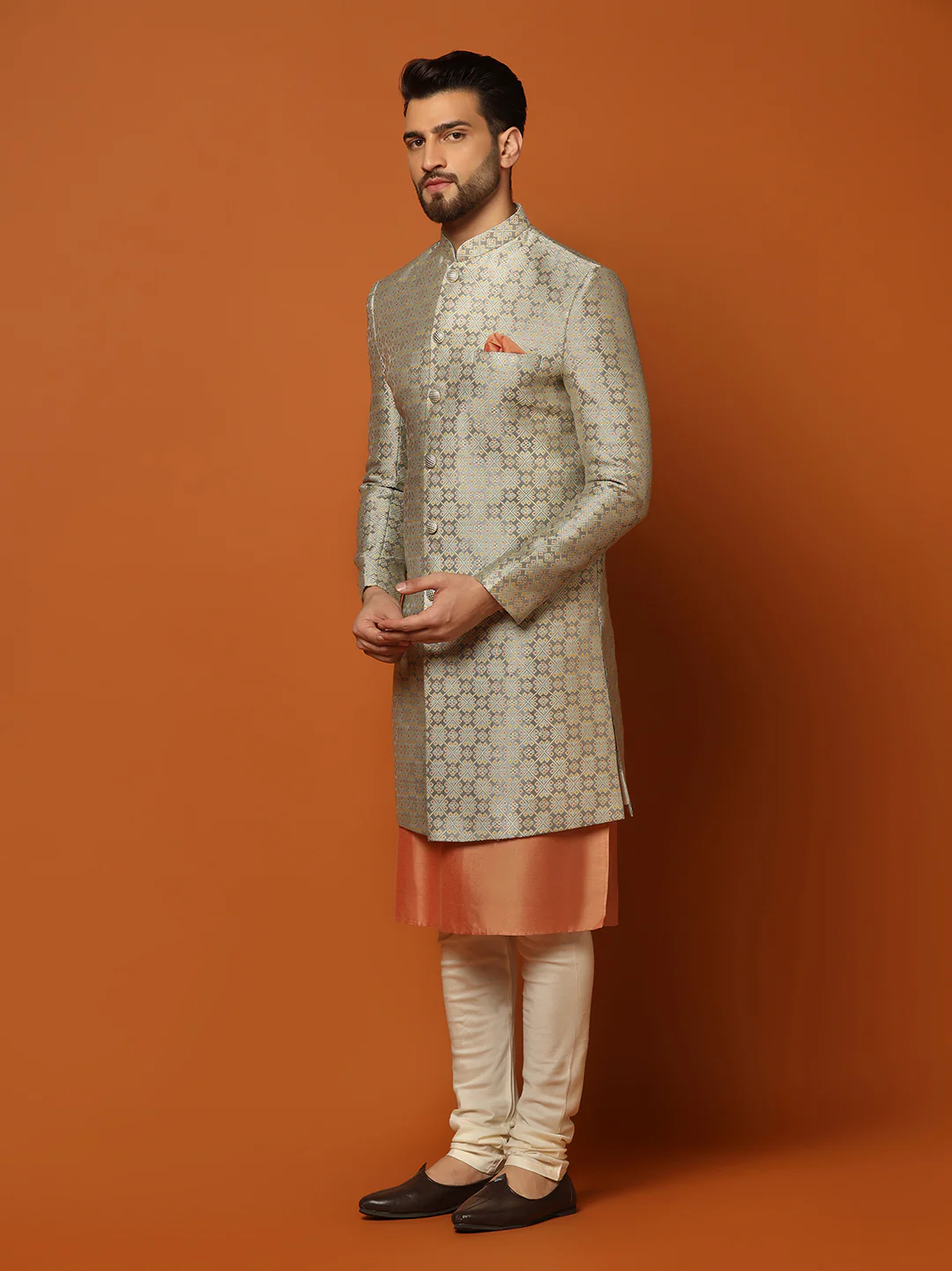 Men's Grey Indowestern Set With Kurta and Churidar - Image 3
