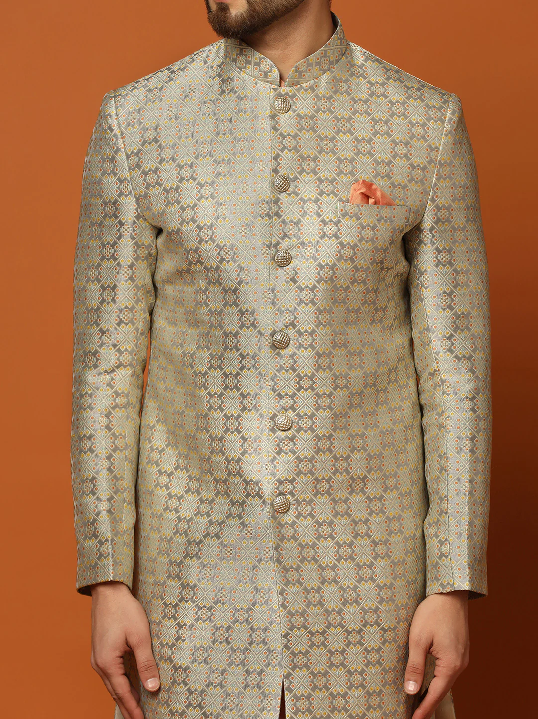 Men's Grey Indowestern Set With Kurta and Churidar - Image 6