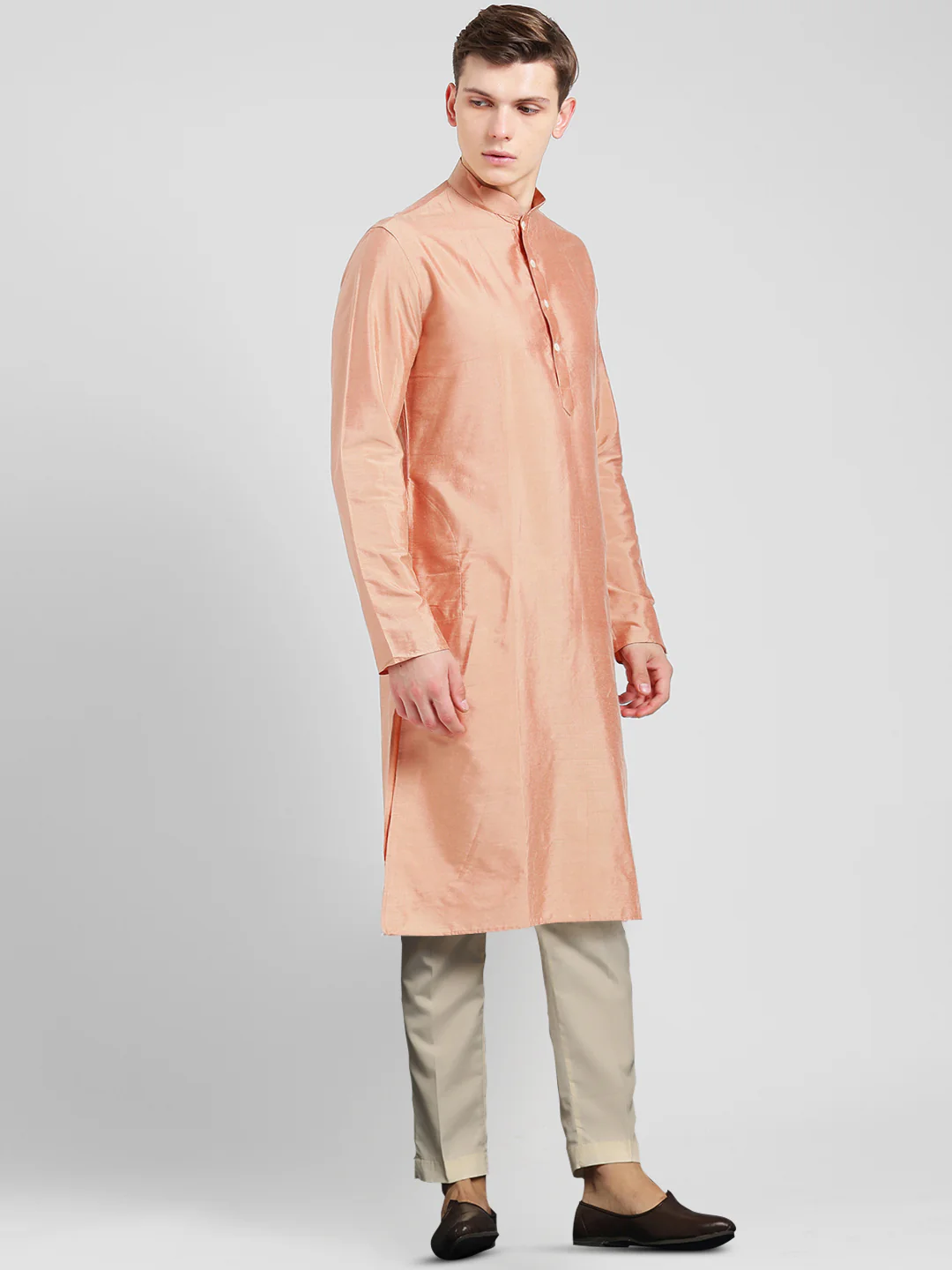 Peach Silk Blend Kurta Set with Subtle Sheen and Beige Trousers â€“ Festive & Wedding Ensemble - Image 2