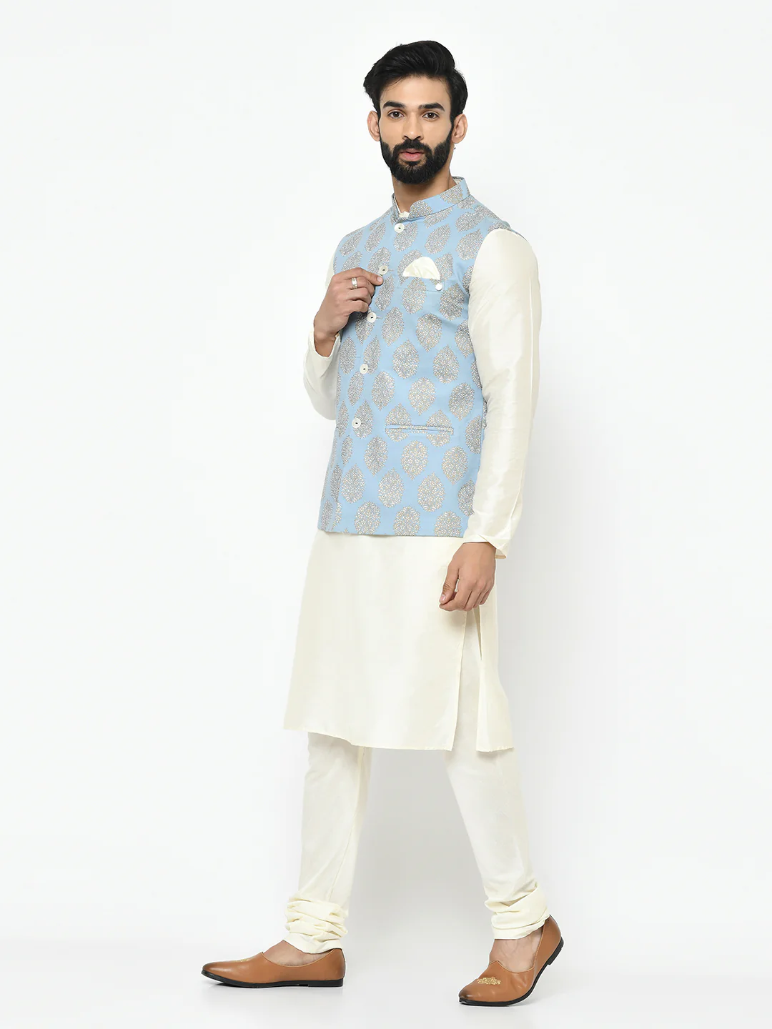 Kisah Plus Men's Blue Kurta Jacket Churidar Set - Image 5