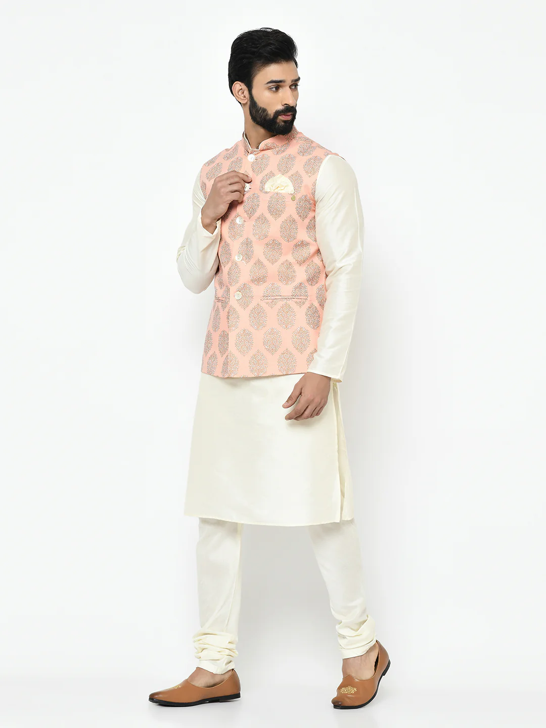 Pink Nehru Jacket Set – Woven Ethnic Motifs Kurta with Cream Churidar – Festive & Wedding Wear - Image 3