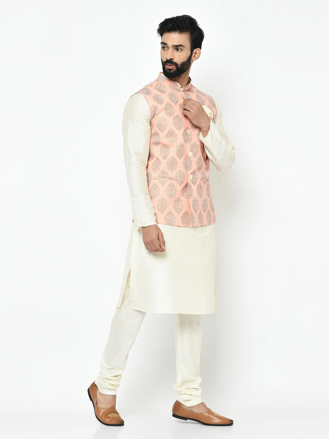 Pink Nehru Jacket Set – Woven Ethnic Motifs Kurta with Cream Churidar – Festive & Wedding Wear - Image 4