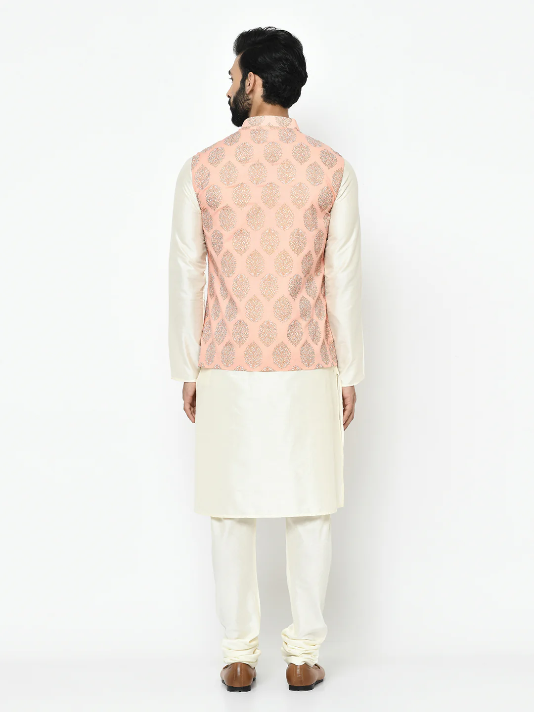 Pink Nehru Jacket Set – Woven Ethnic Motifs Kurta with Cream Churidar – Festive & Wedding Wear - Image 5