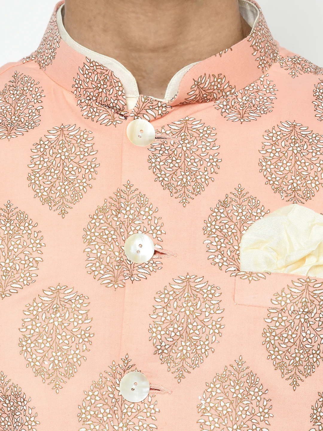 Pink Nehru Jacket Set – Woven Ethnic Motifs Kurta with Cream Churidar – Festive & Wedding Wear - Image 6