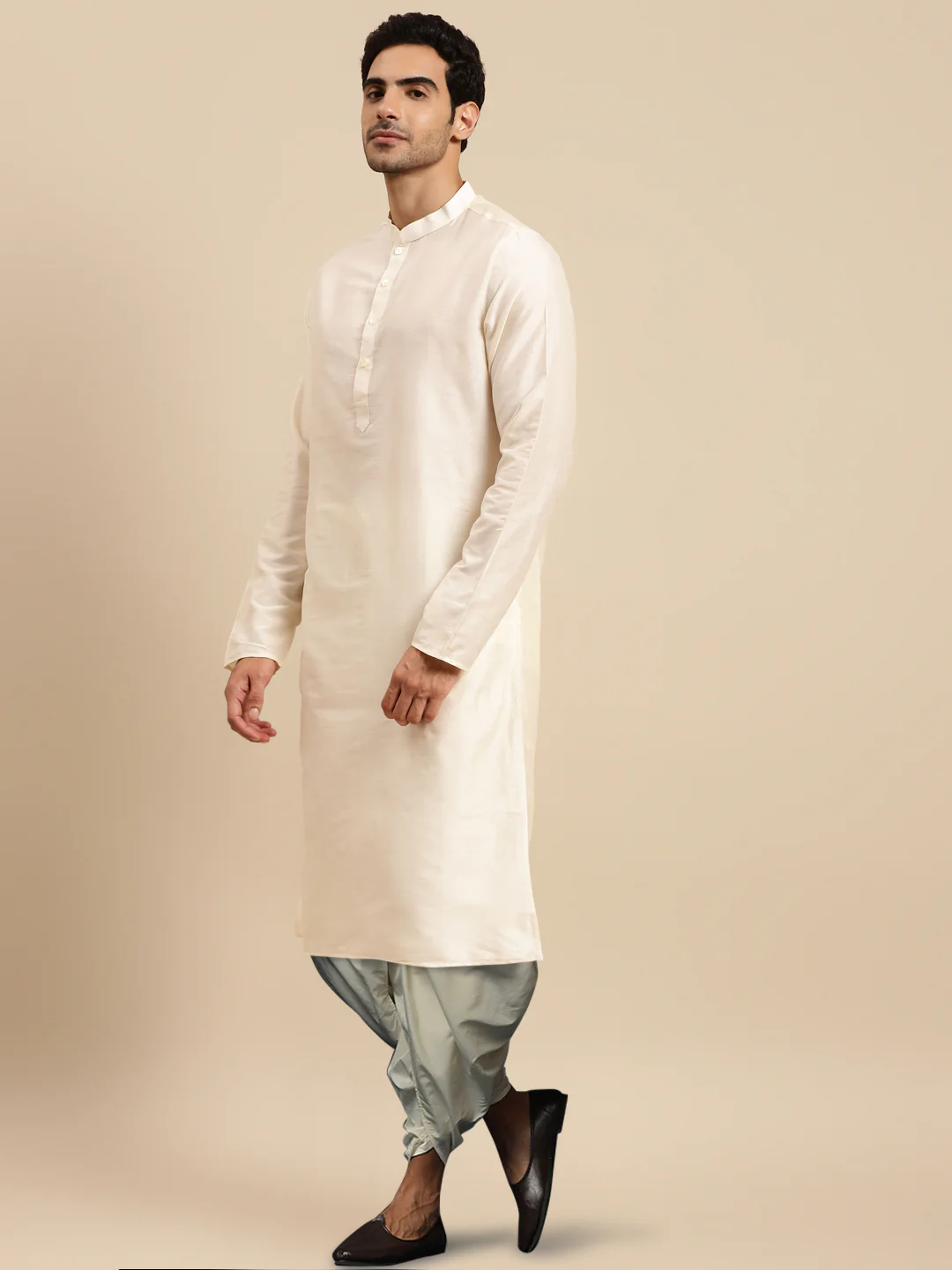 Men's White Kurta Jacket Dhoti Set - Image 5