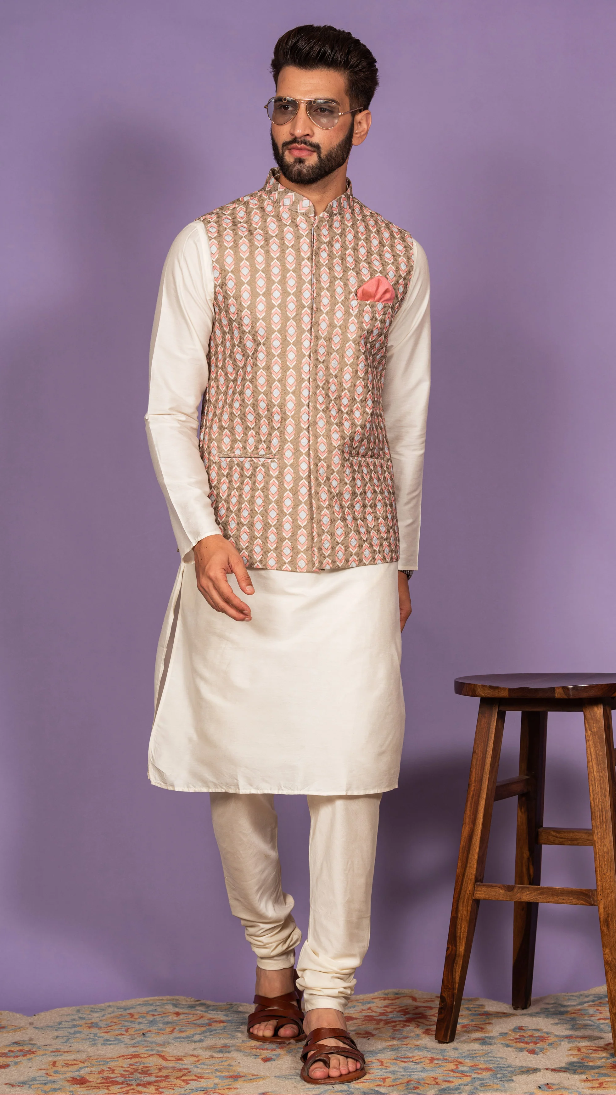 Men Olive Kurta Jacket Set - Image 4