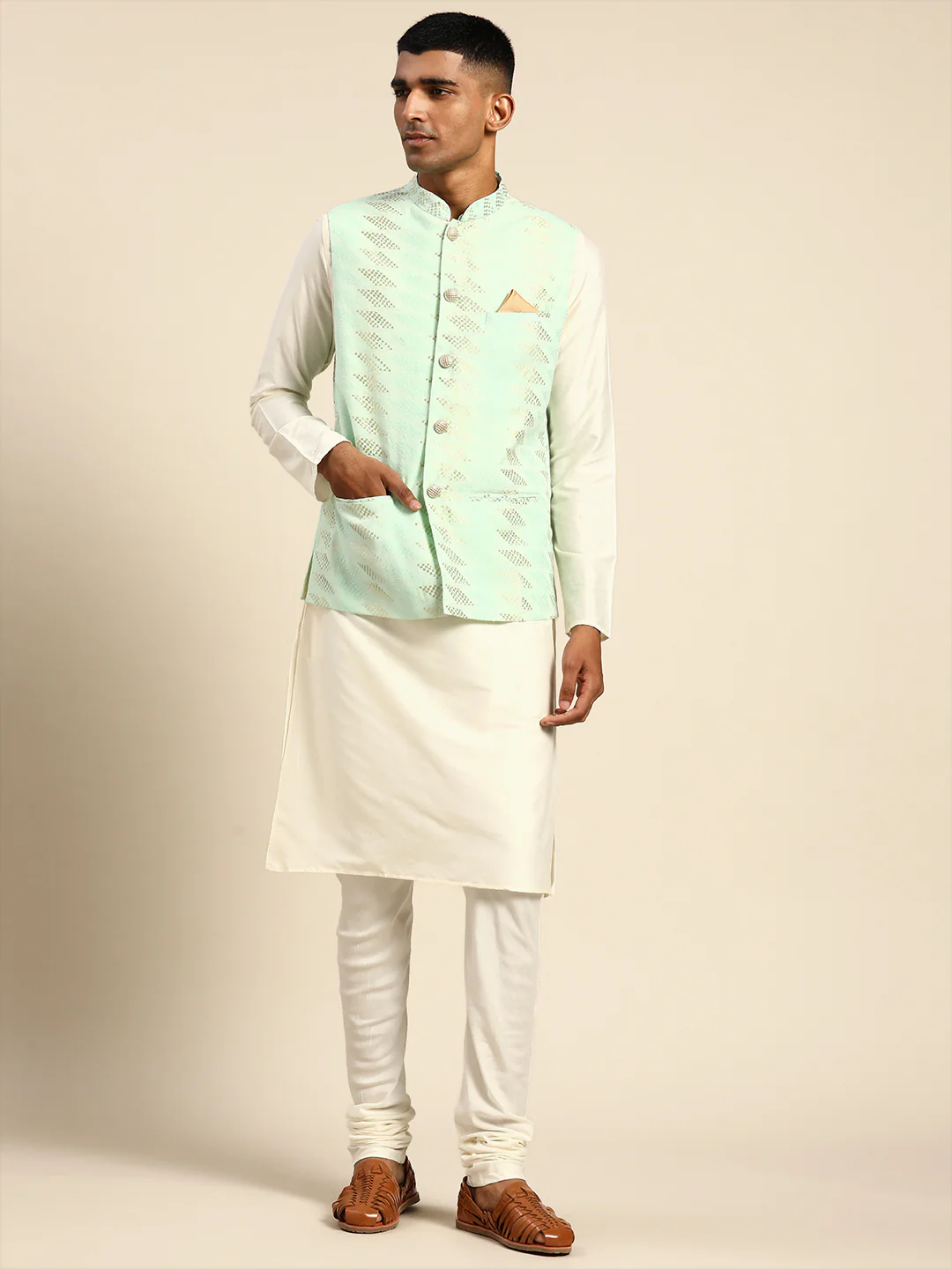 Kisah Men Green Color Kurta Jacket Set - Image 7