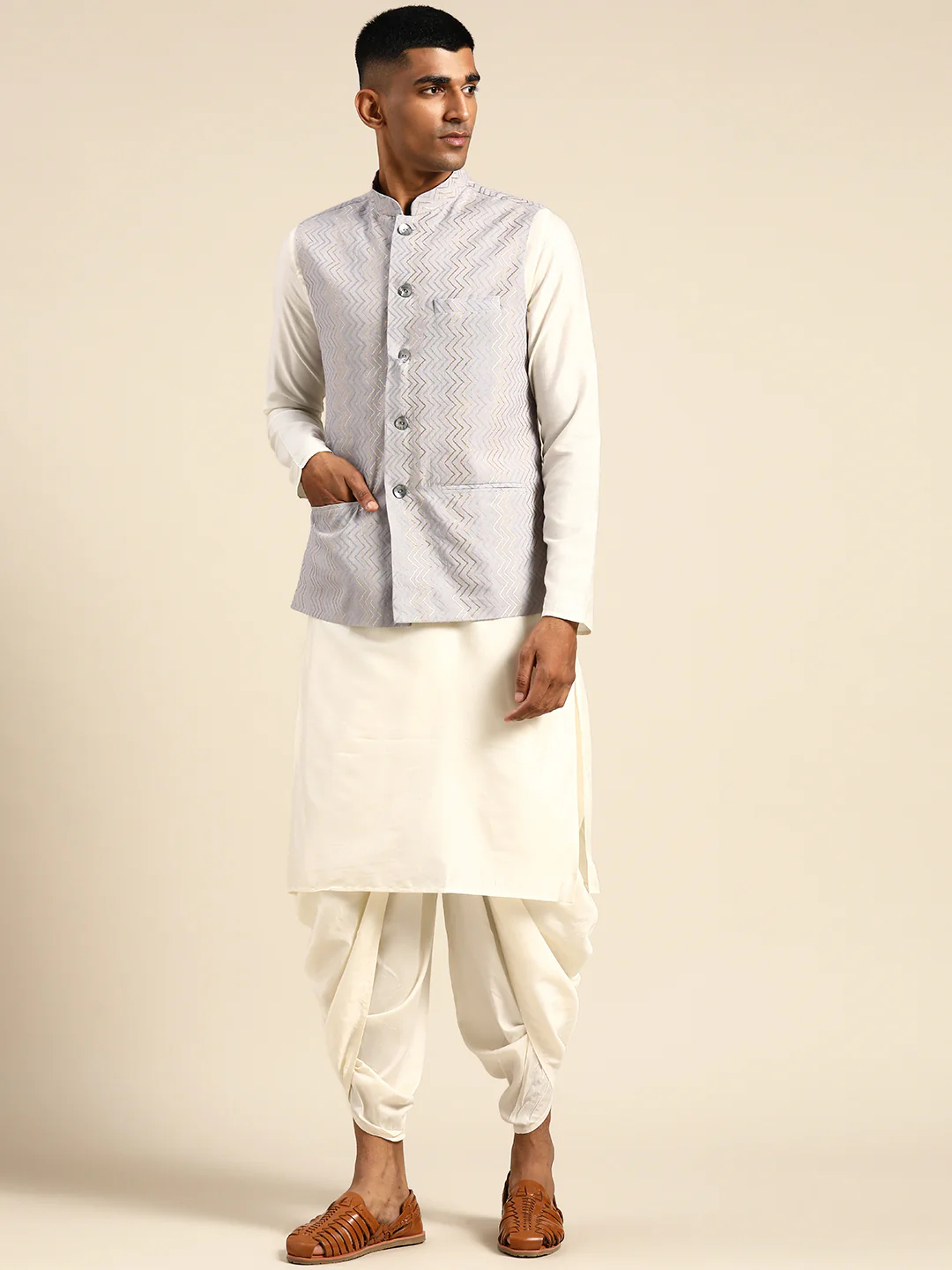 Men Grey Color Kurta Jacket Set - Image 7