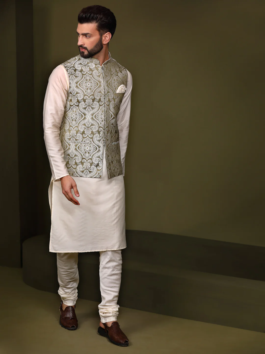 Olive Green Silk Woven Nehru Jacket Kurta Churidar - Image 4