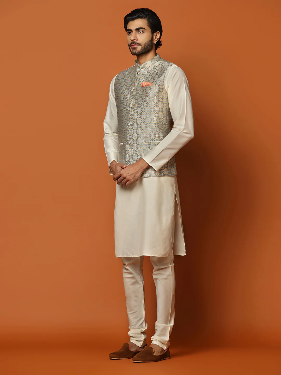 Cream Silk Blend Textured Nehru Jacket Kurta Churidar - Image 3