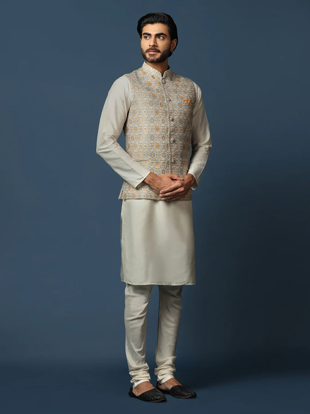 Cream Silk Blend Textured Nehru Jacket Kurta Churidar - Image 2
