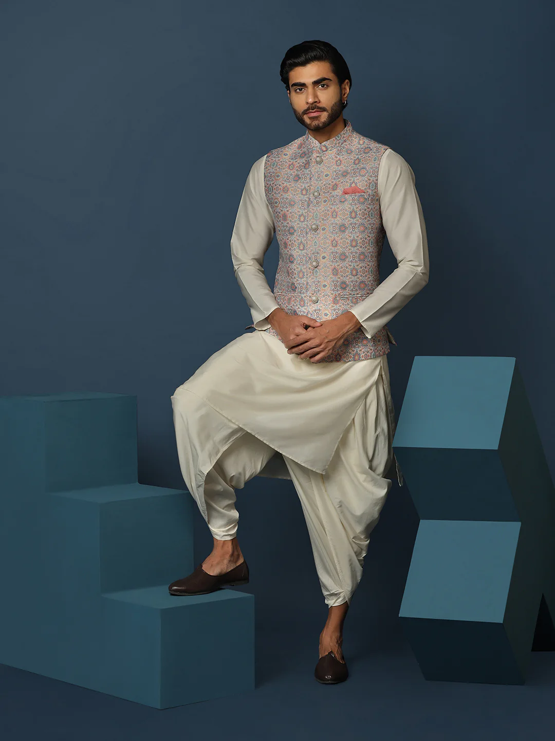Men's Multicolored Kurta Jacket Dhoti Set - Image 8