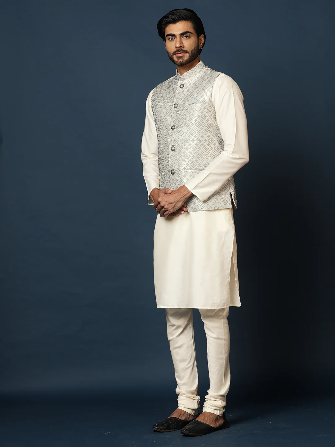 Cream Silk Blend Woven Nehru Jacket Kurta Churidar Set - Image 3