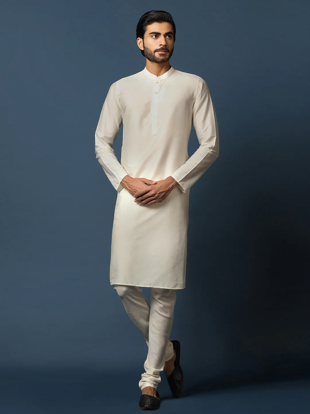 Cream Silk Blend Woven Nehru Jacket Kurta Churidar Set - Image 5