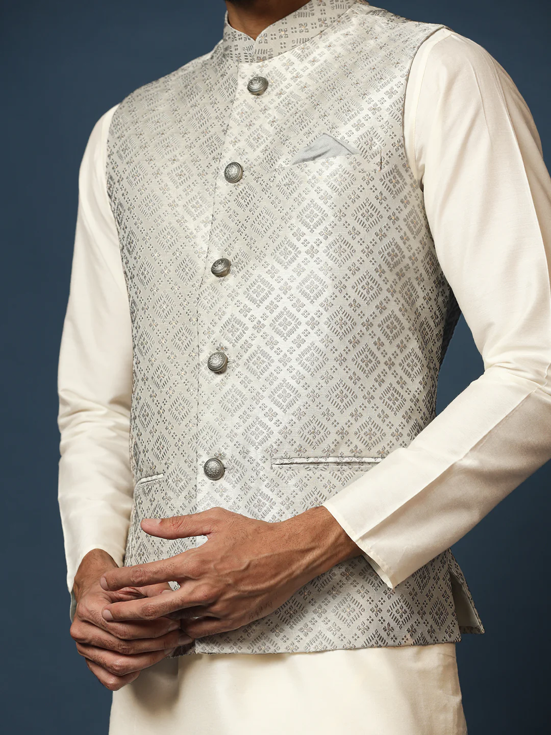 Cream Silk Blend Woven Nehru Jacket Kurta Churidar Set - Image 6