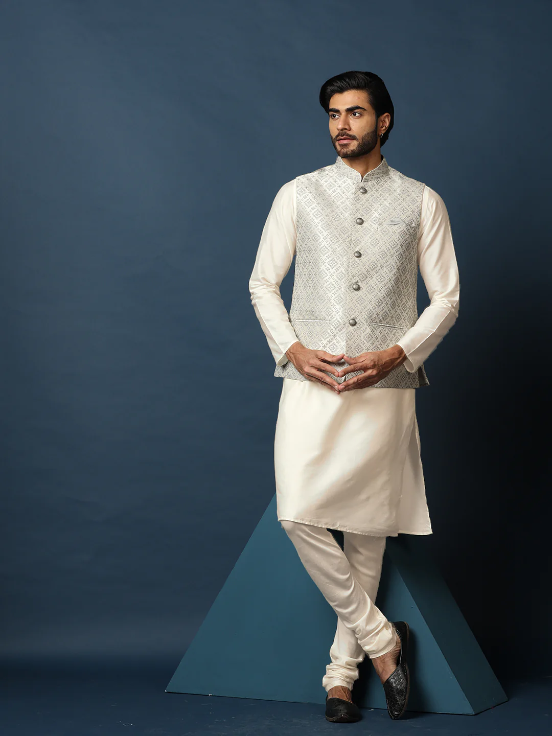 Cream Silk Blend Woven Nehru Jacket Kurta Churidar Set - Image 8
