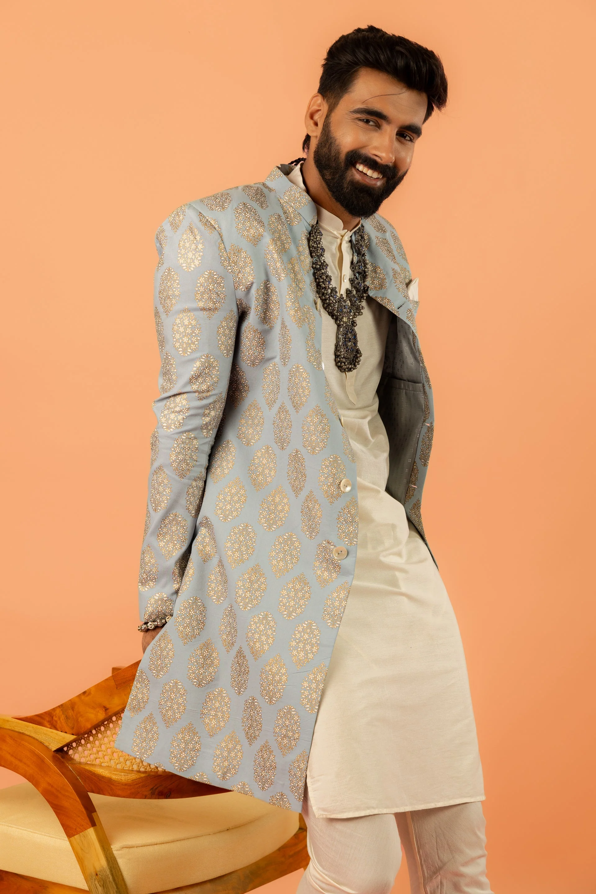 Light Blue Silk Blend Jacquard Sherwani Set - Image 16