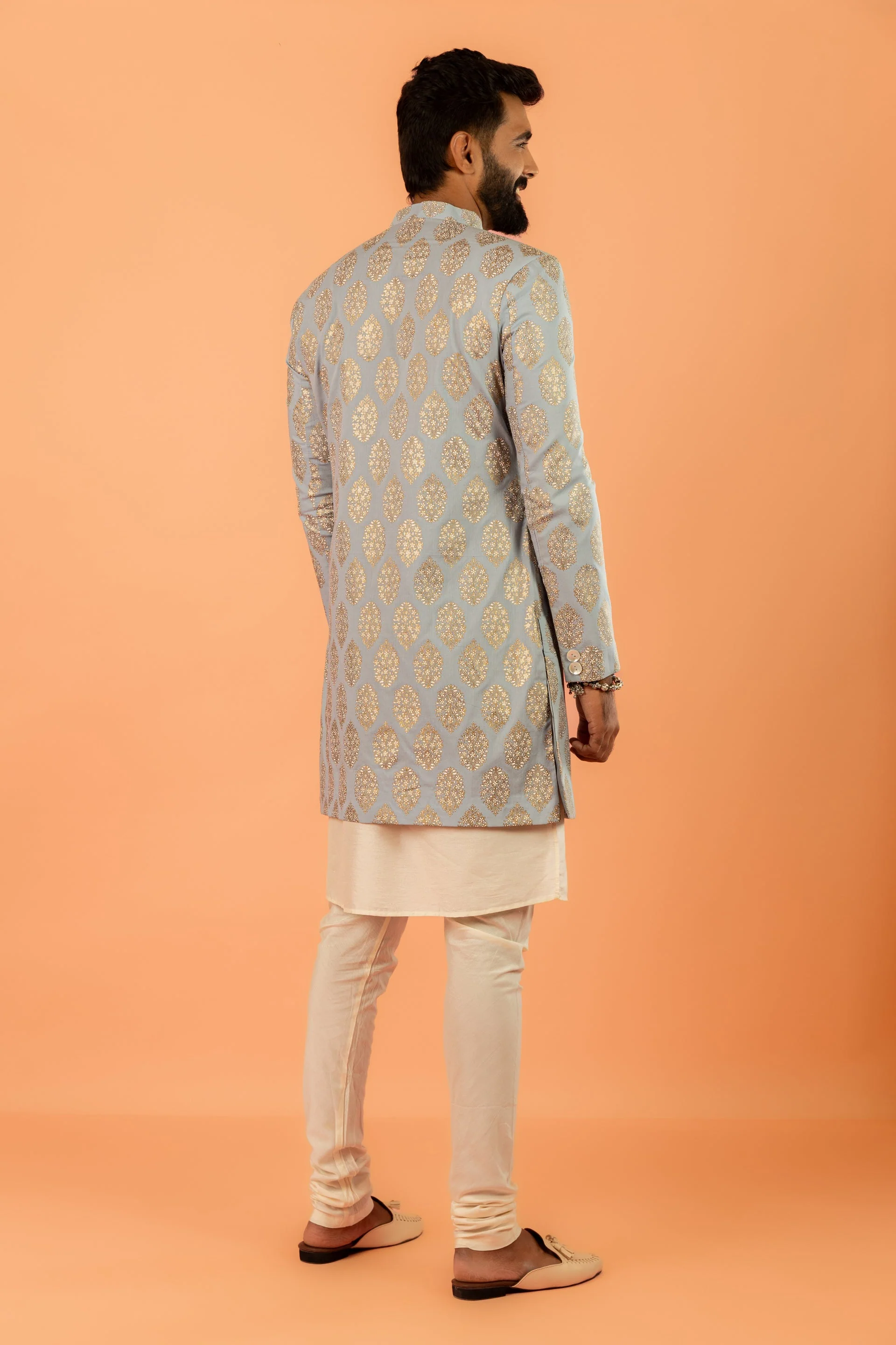 Light Blue Silk Blend Jacquard Sherwani Set - Image 19