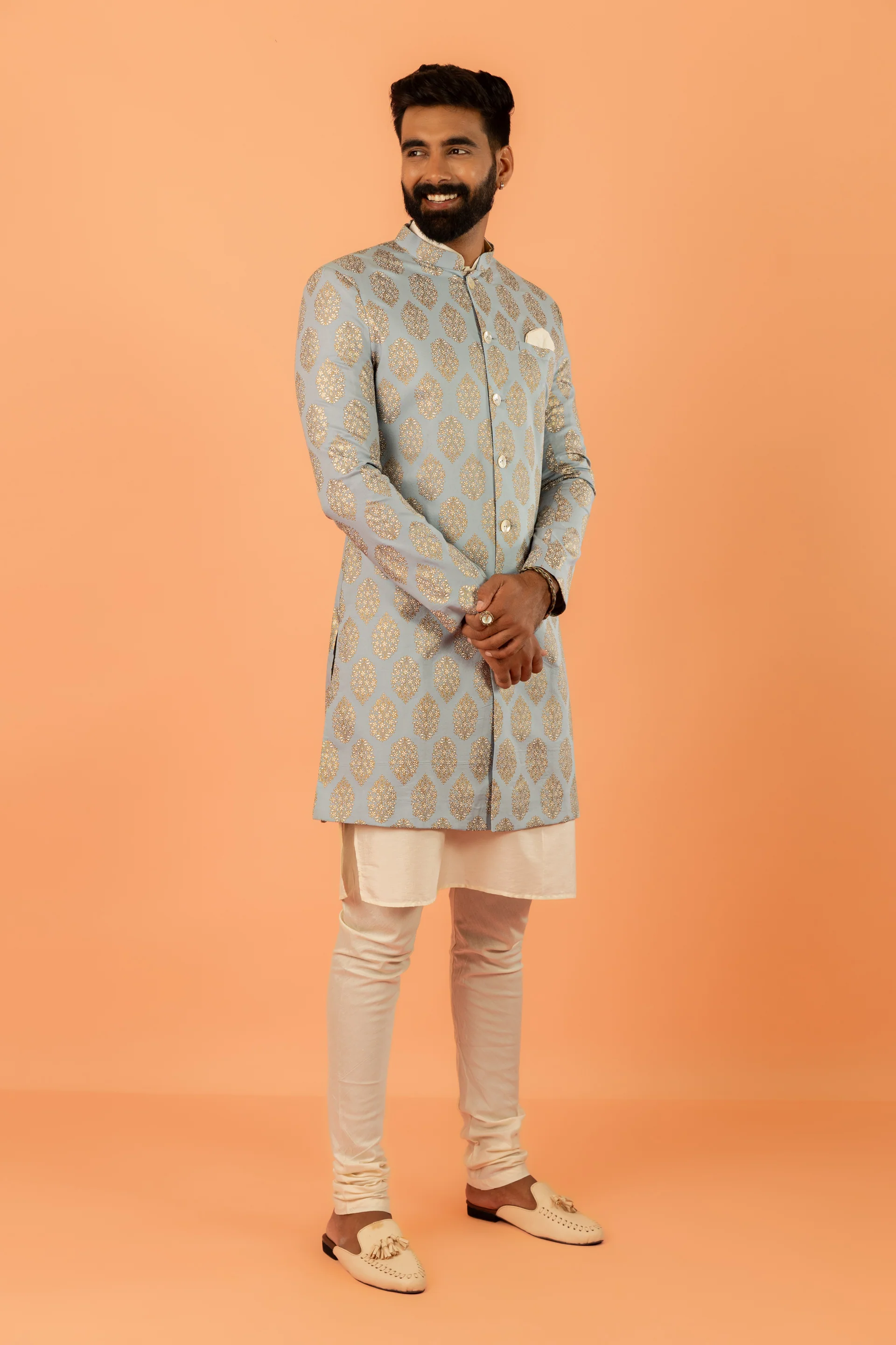 Light Blue Silk Blend Jacquard Sherwani Set - Image 2