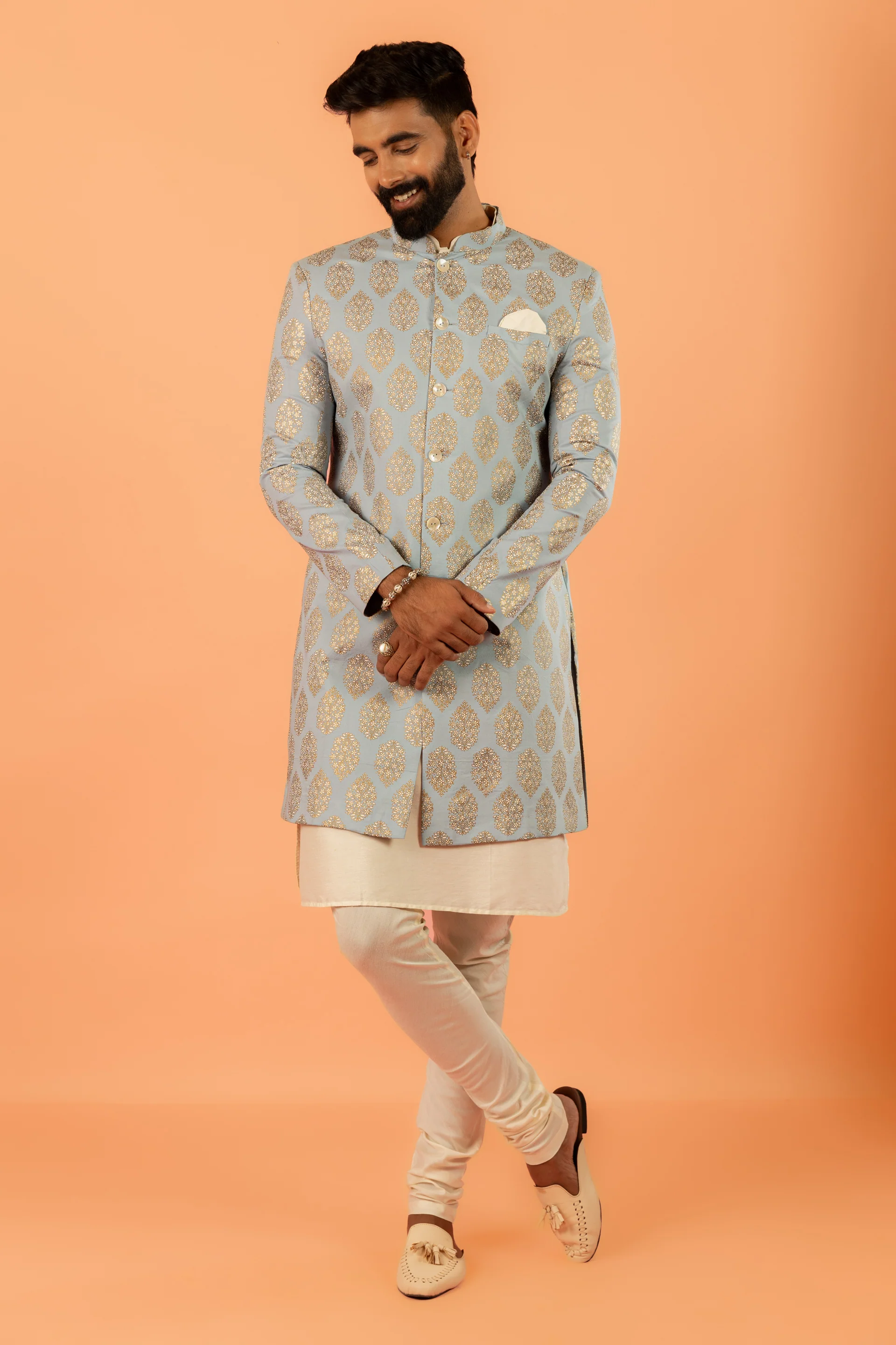 Light Blue Silk Blend Jacquard Sherwani Set - Image 7