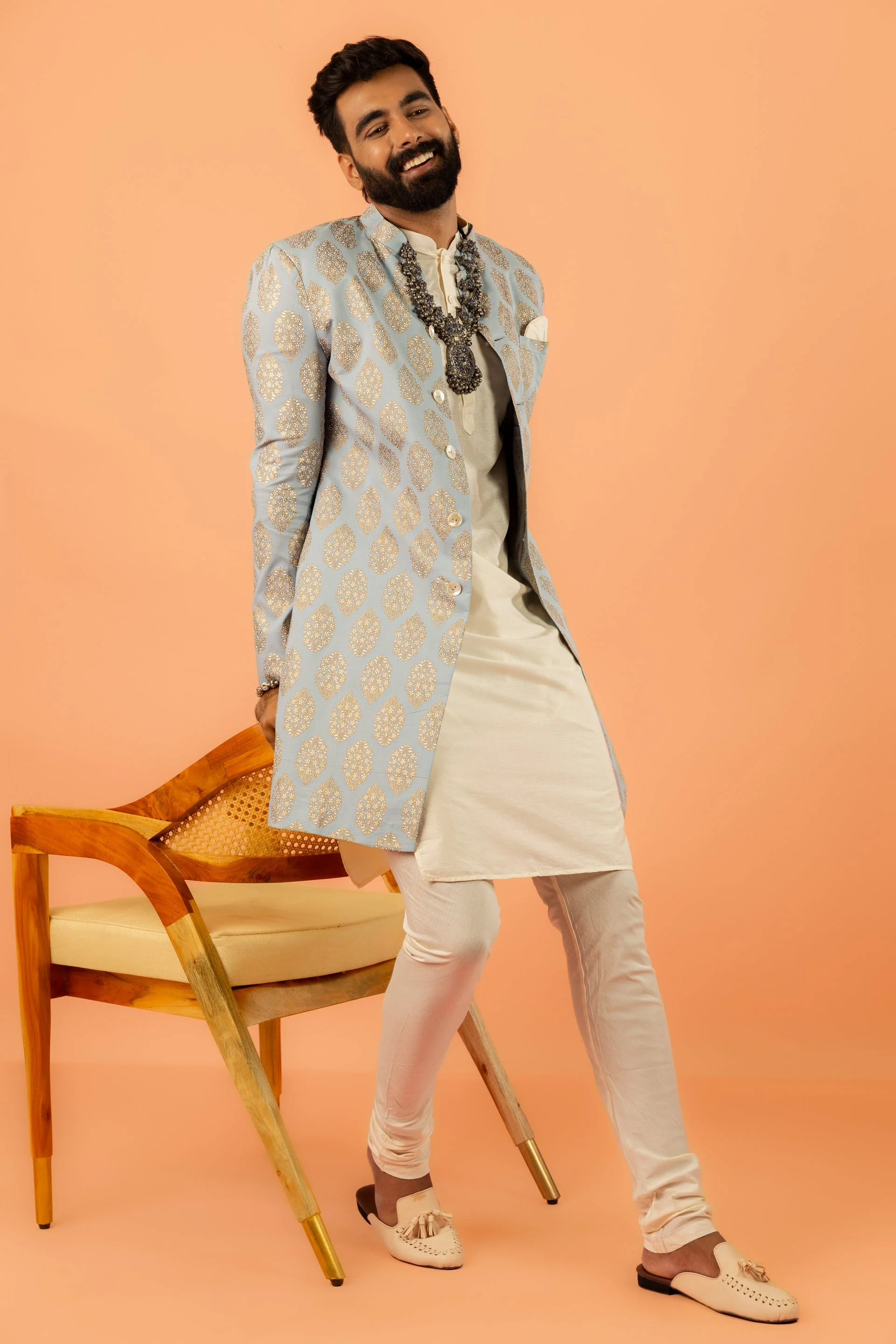 Light Blue Silk Blend Jacquard Sherwani Set - Image 9
