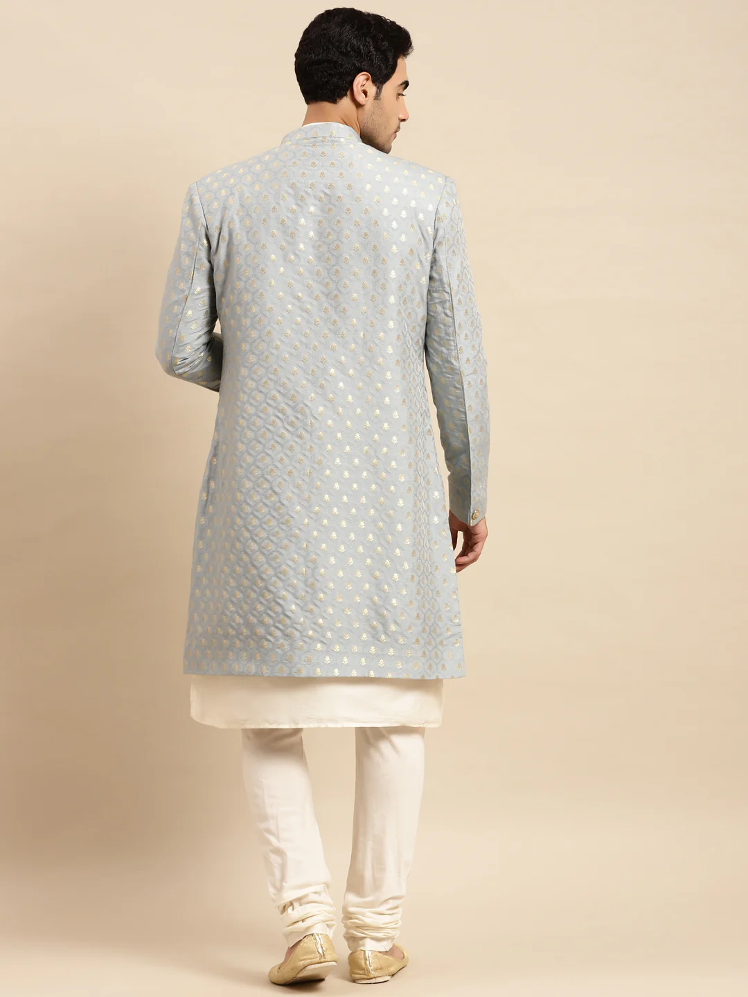 Men Blue Textured Kurta Indowestern Churidar Set - Image 3