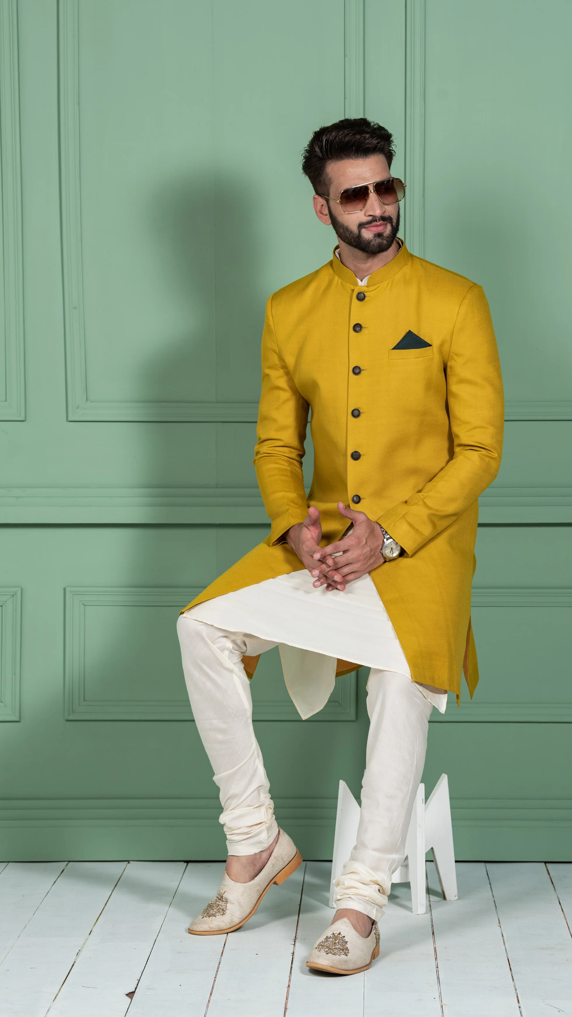 Men Mustard Yellow Solid Kurta Indowestern Churidar Set - Image 4