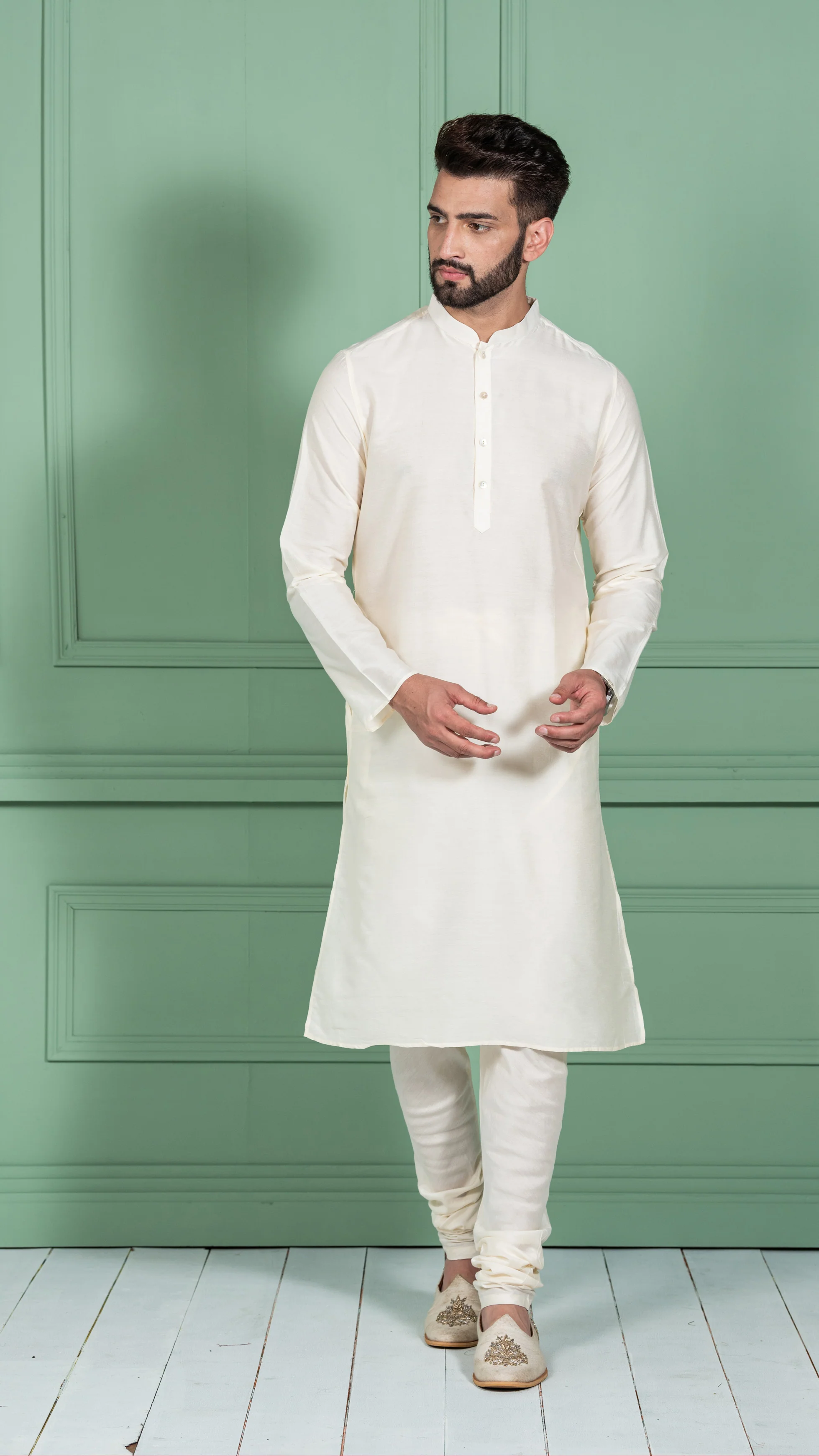 Men Mustard Yellow Solid Kurta Indowestern Churidar Set - Image 6
