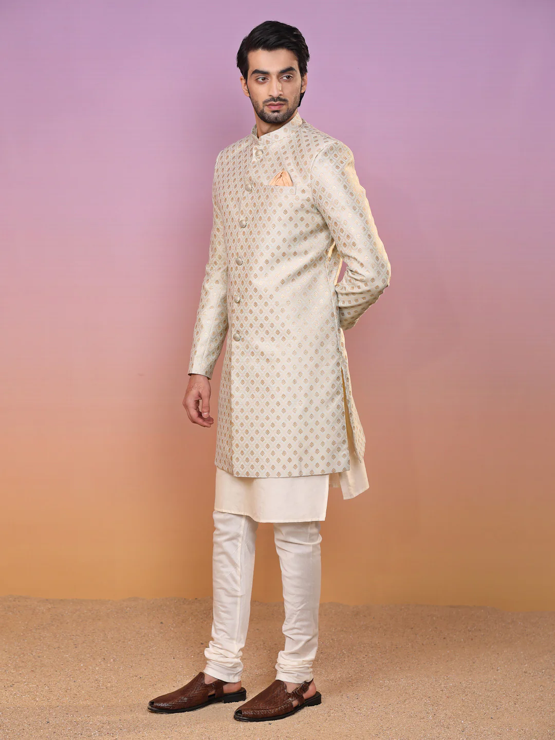 Men Cream Textured Kurta Indowestern Churidar Set - Image 3