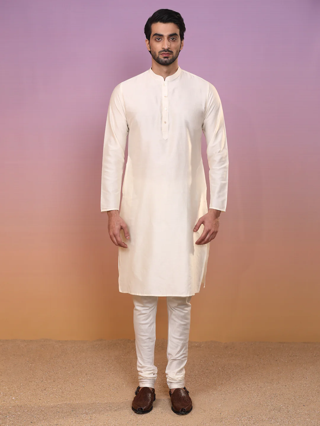 Men Cream Textured Kurta Indowestern Churidar Set - Image 5