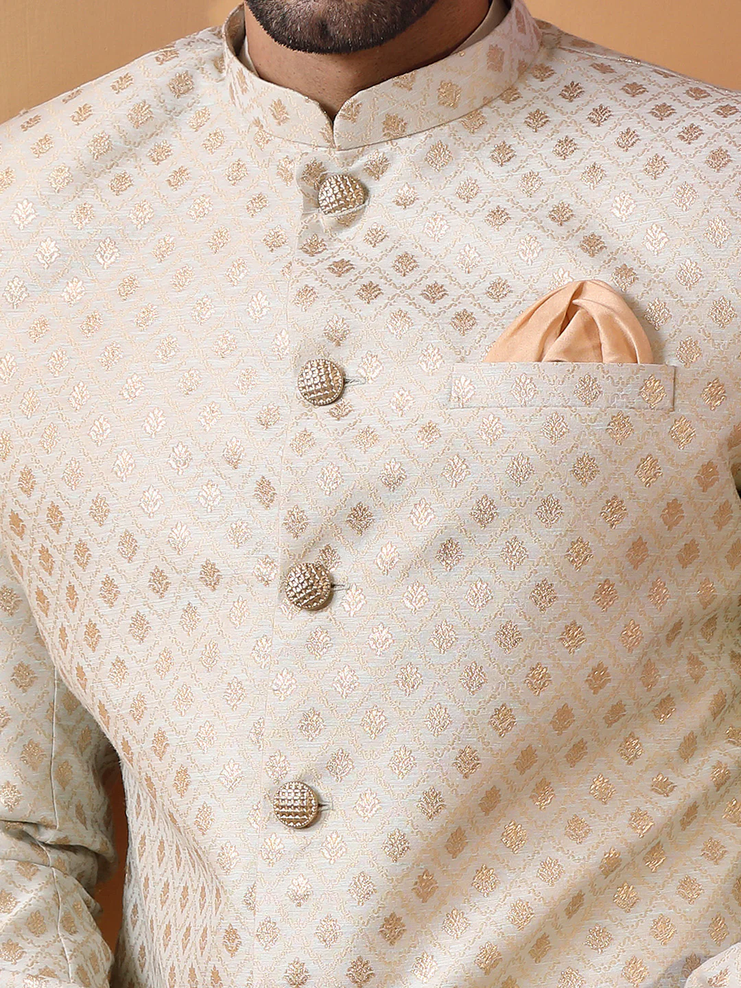Men Cream Textured Kurta Indowestern Churidar Set - Image 6