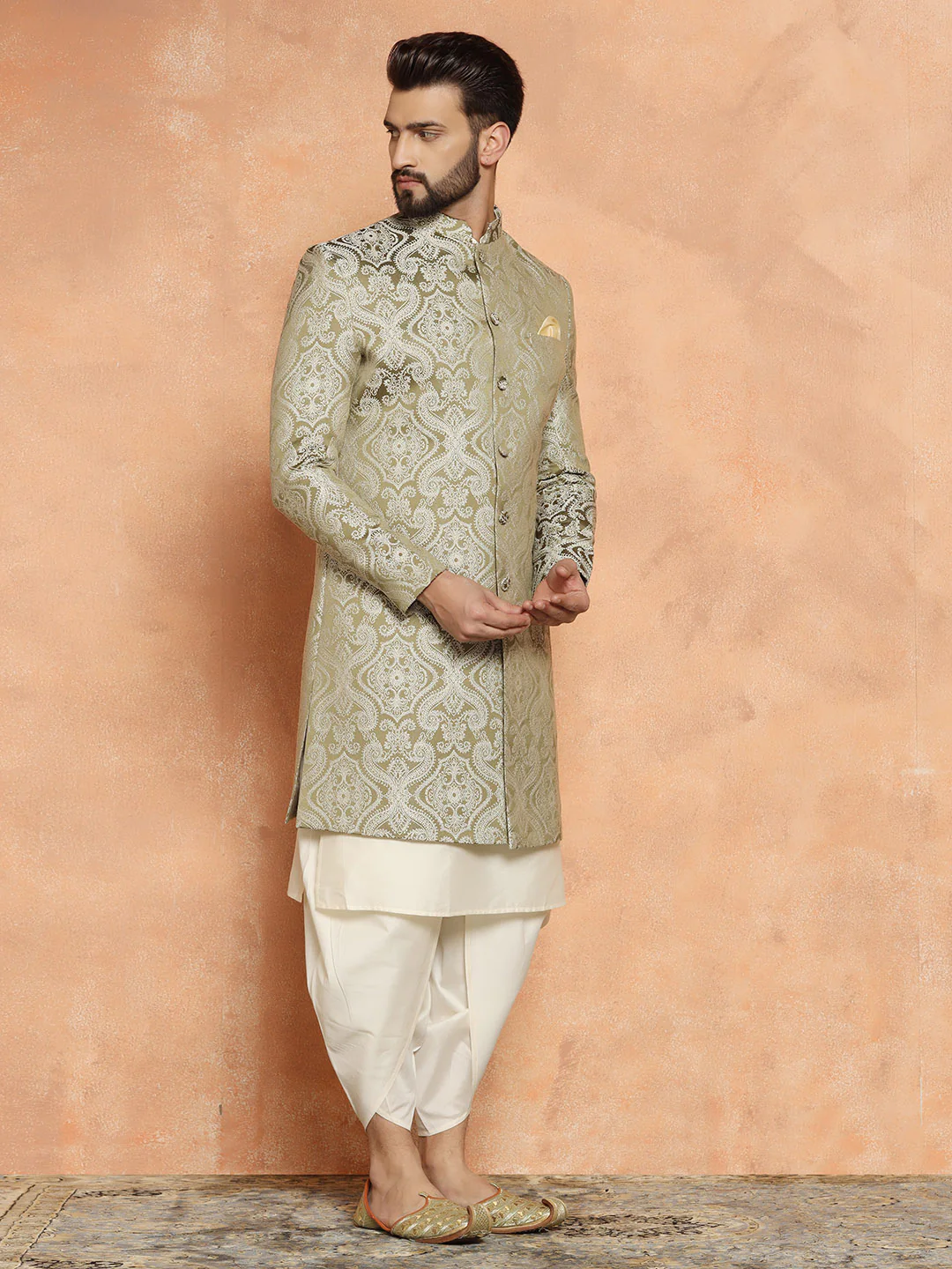 Olive Green Silk Blend Kurta Set with White Jacquard Indo-Western Jacket and Dhoti Pants â€“ Wedding & Reception Ensemble - Image 2