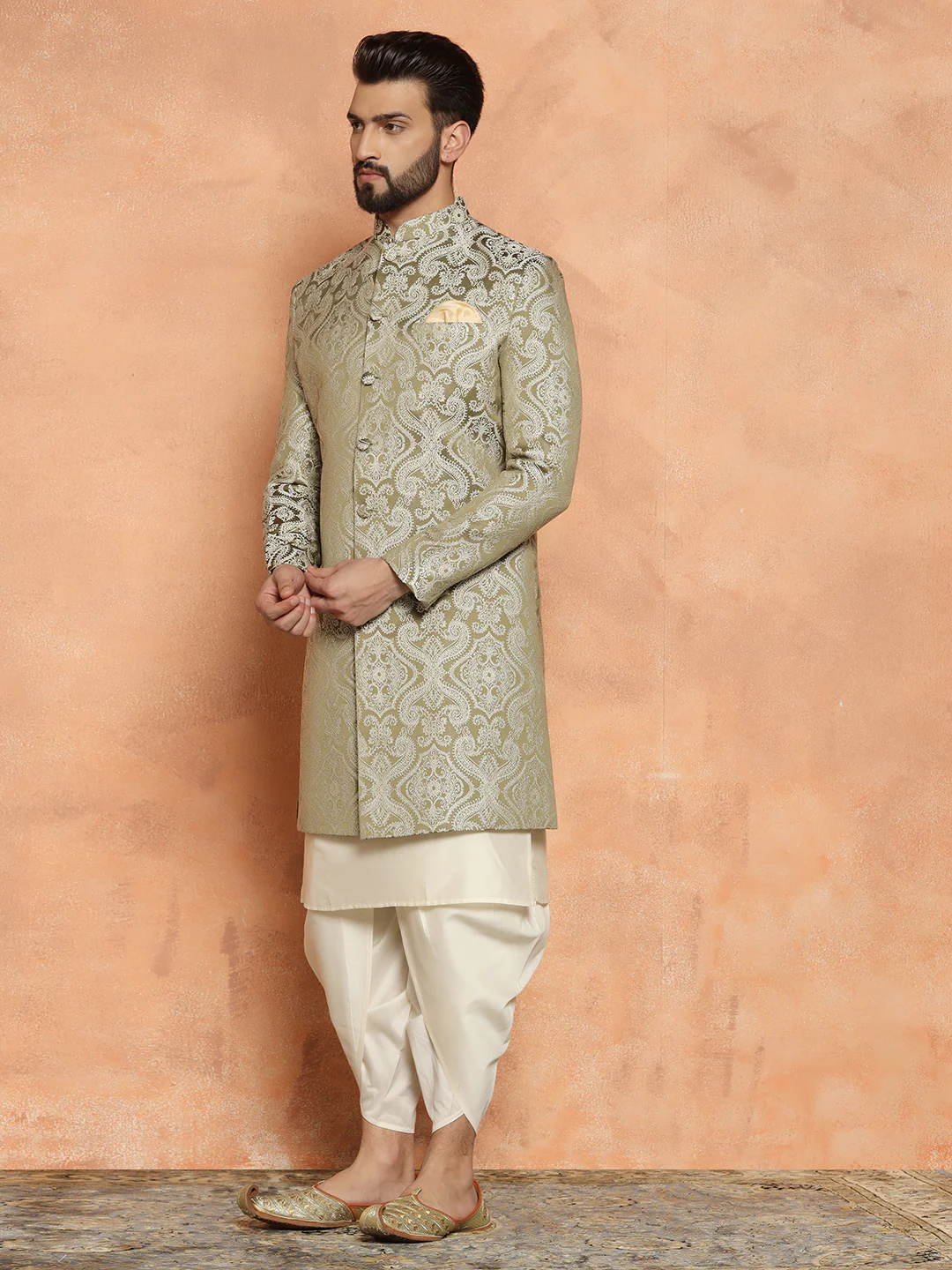 Olive Green Silk Blend Kurta Set with White Jacquard Indo-Western Jacket and Dhoti Pants â€“ Wedding & Reception Ensemble - Image 3