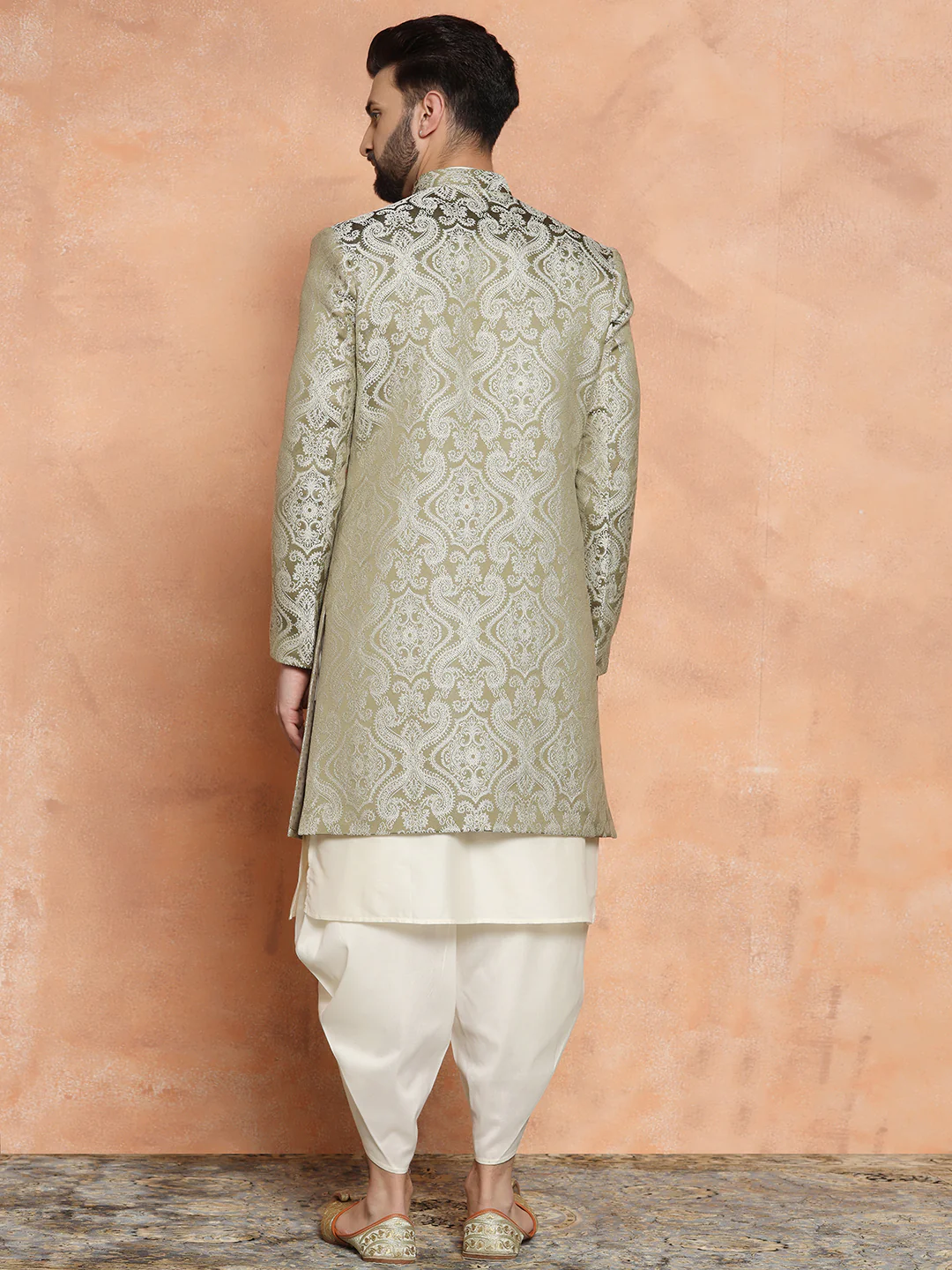 Olive Green Silk Blend Kurta Set with White Jacquard Indo-Western Jacket and Dhoti Pants â€“ Wedding & Reception Ensemble - Image 4