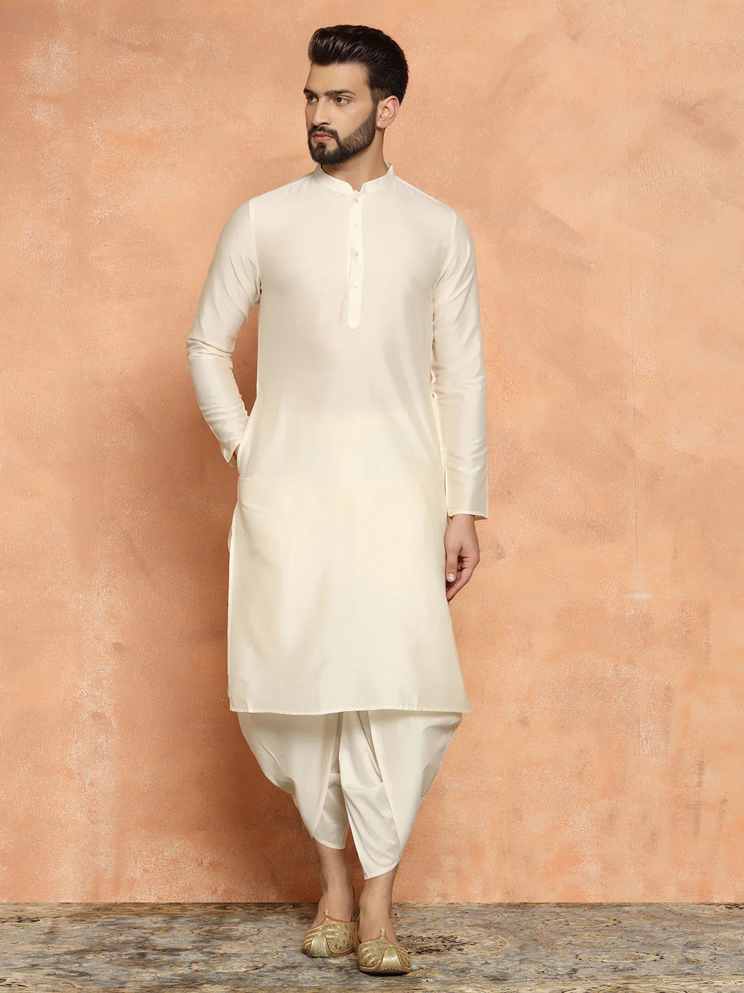 Olive Green Silk Blend Kurta Set with White Jacquard Indo-Western Jacket and Dhoti Pants â€“ Wedding & Reception Ensemble - Image 5