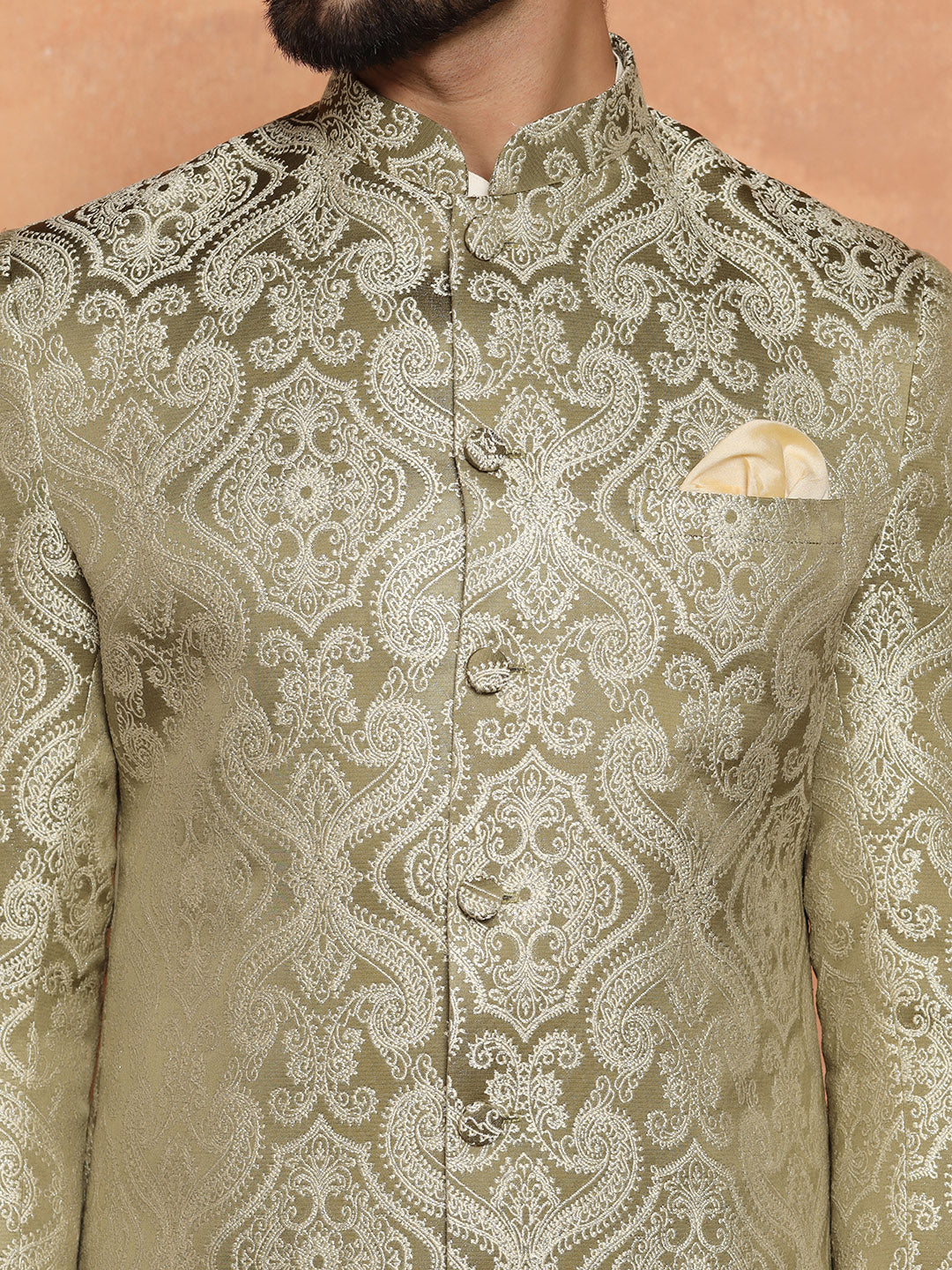 Olive Green Silk Blend Kurta Set with White Jacquard Indo-Western Jacket and Dhoti Pants â€“ Wedding & Reception Ensemble - Image 6